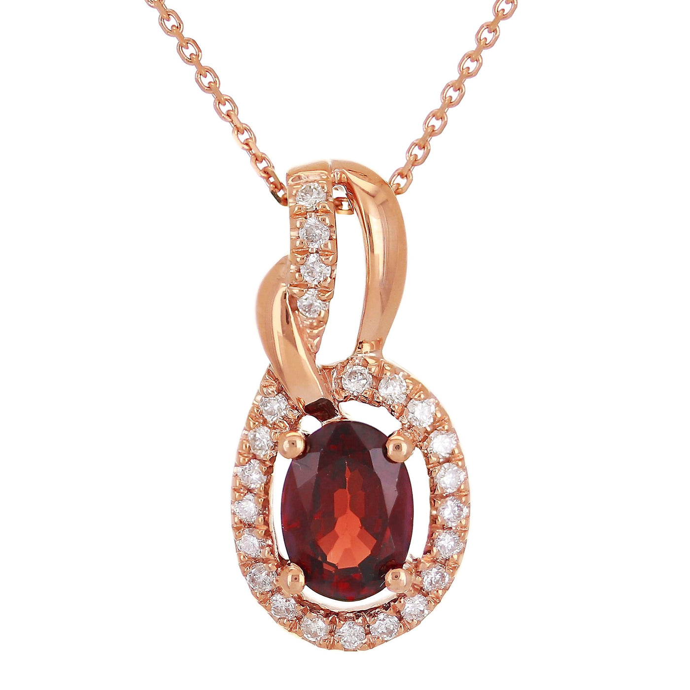 A golden necklace with a gorgeous red ruby stone surrounded by white diamonds.