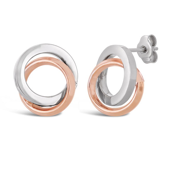 Italian 14k White & Rose Gold Shiny Tubular Double Eternity Circle Stud Earrings - Square Tubular