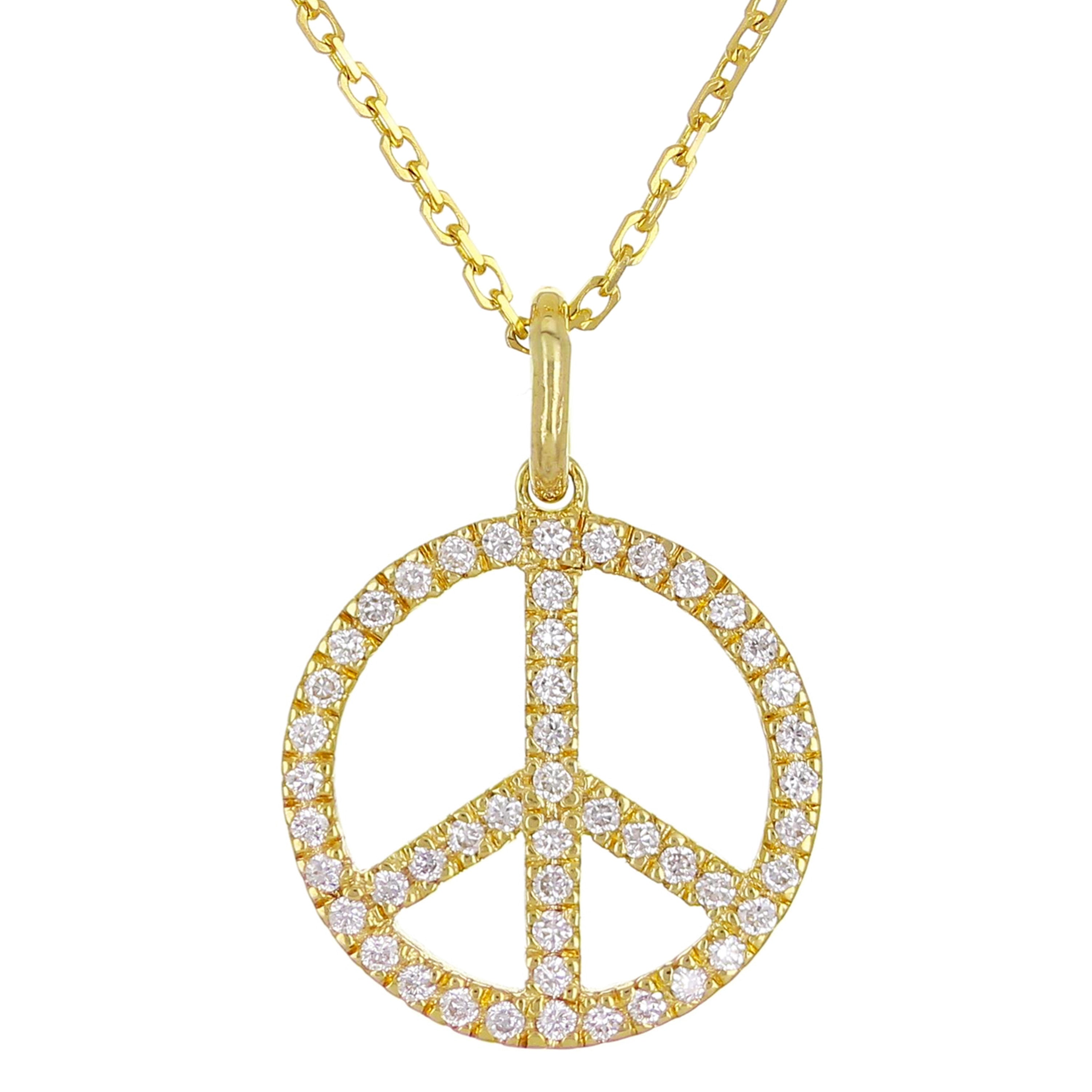 14k Yellow Gold Diamond Peace Sign Pendant Necklace 18" - Yellow