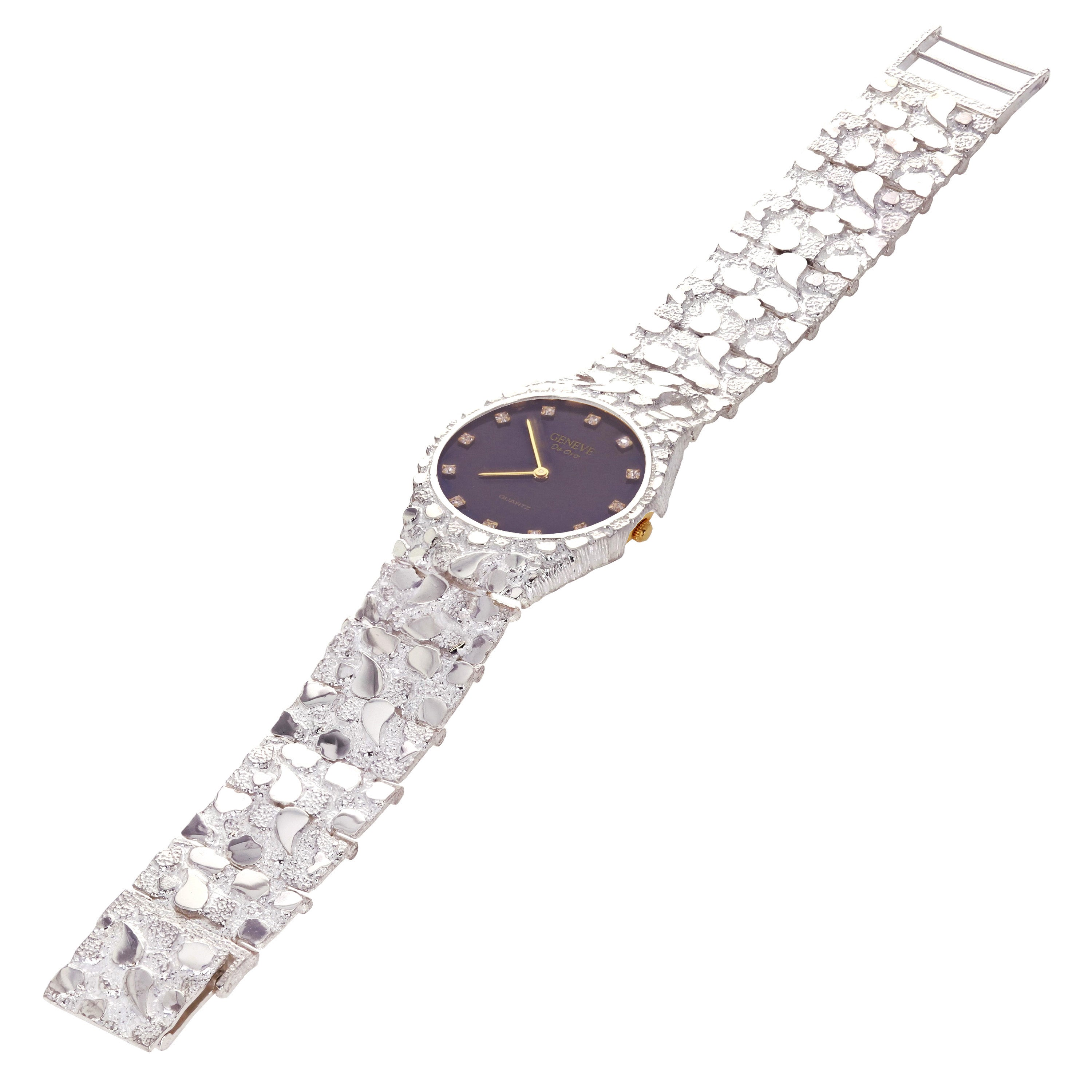 Sterling Silver Nugget Wrist Watch Geneve Diamond Watch 7-7.5" Straight Band 58g - 7" 58 grams