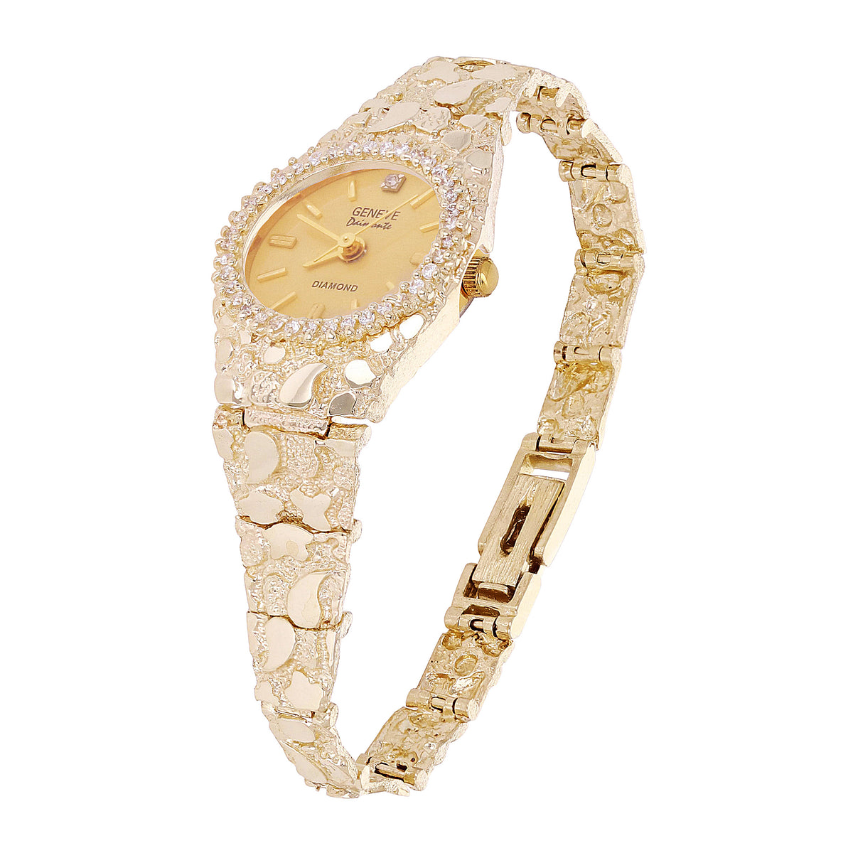 Geneve Genuine Diamond Quartz Gold Nugget Watch 14k Yellow Gold Nugget Link Geneve with Diamond Wrist Watch  main image 2