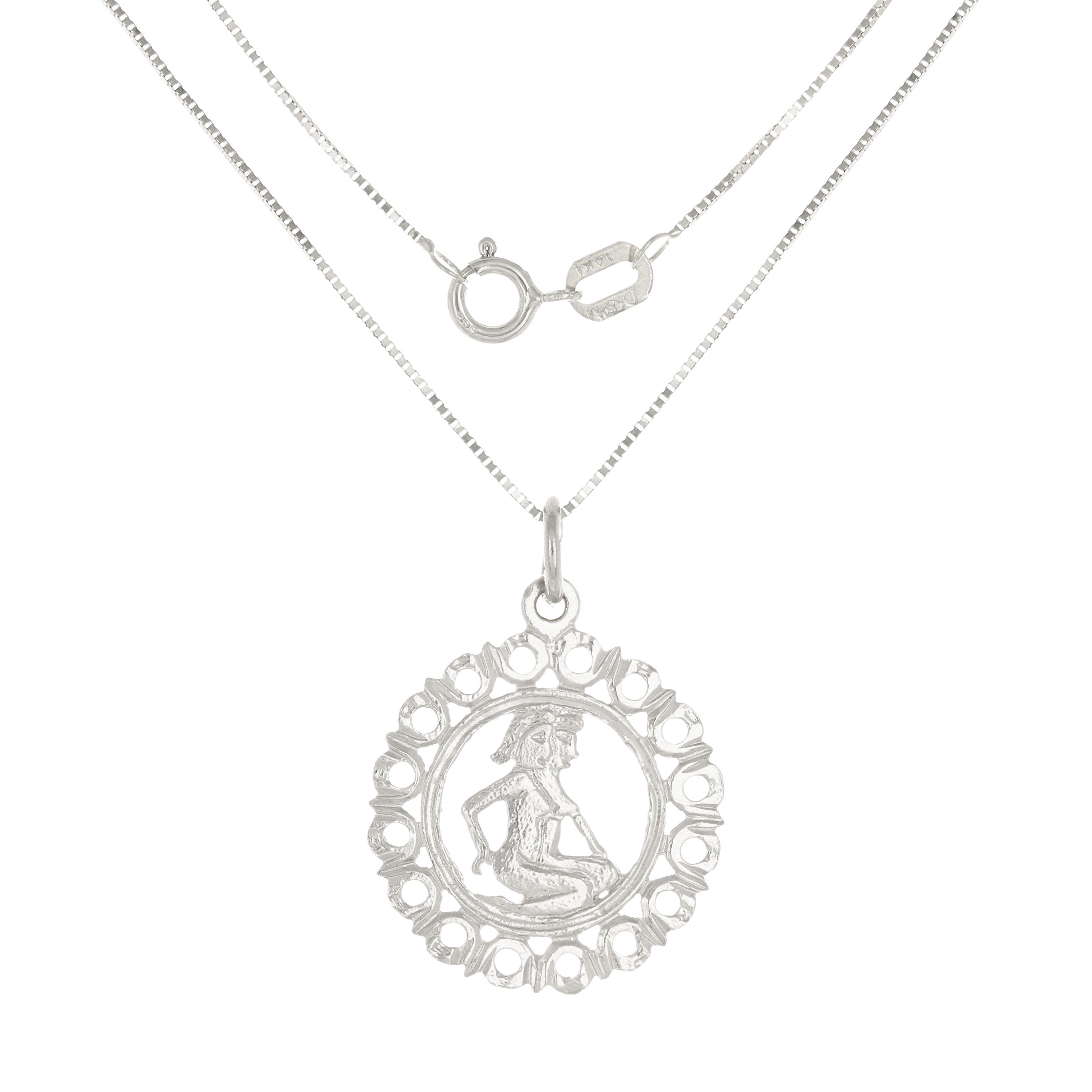 14k White Gold Zodiac Sign Gemini Pendant Necklace 18" - Gemini,White