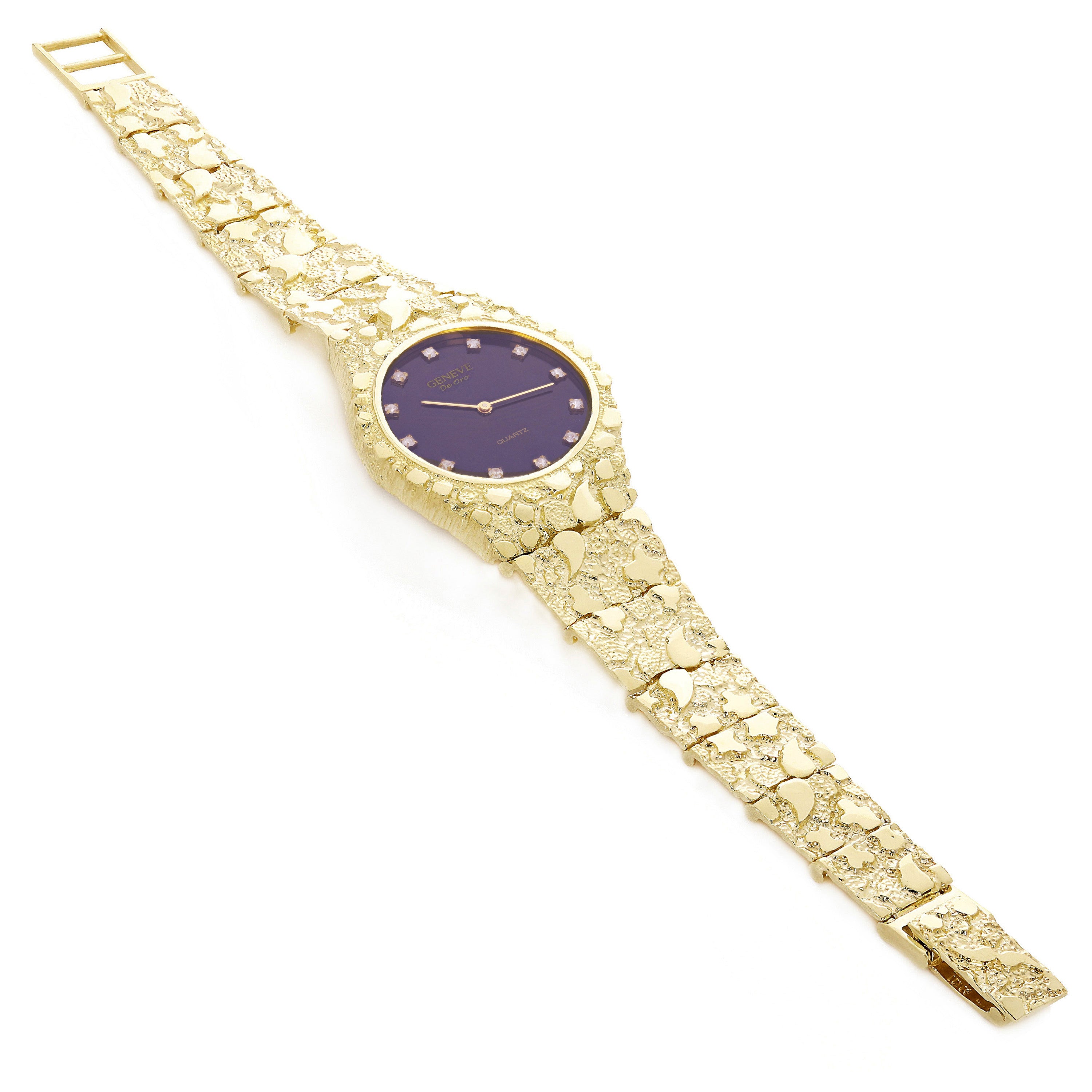 14k Yellow Gold Nugget Link Band Geneve with Diamonds Wrist Watch 7-7.5" 53grams - 7.5" 53 grams