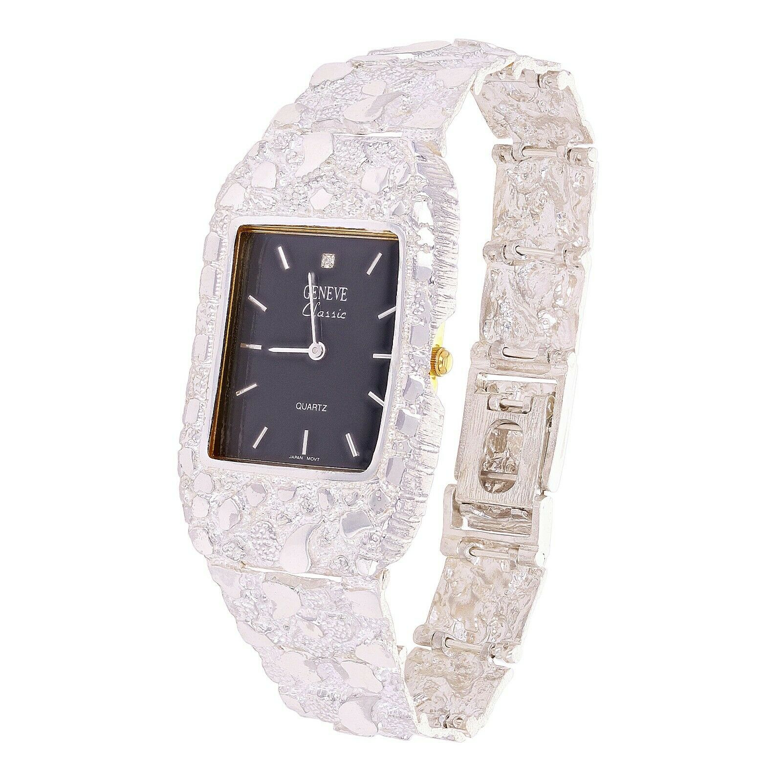 925 Sterling Silver Nugget Link Watch Bracelet Geneve with Diamond 8.5-9" 53g