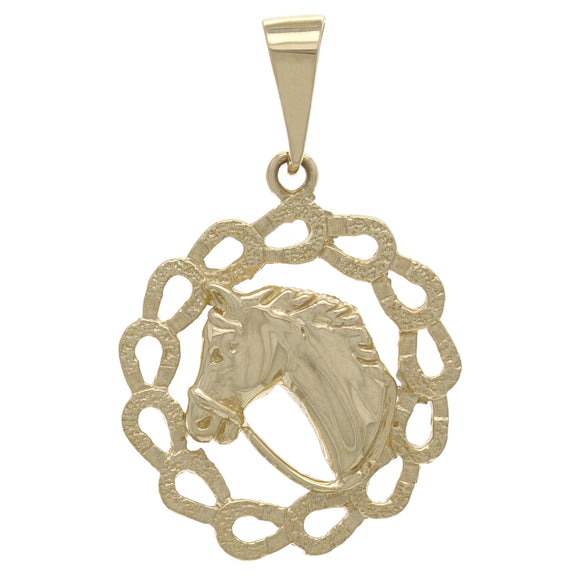 14k Yellow Gold Solid Horse Shoe Horse Face Charm Round Pendant 4.4 grams - Yellow