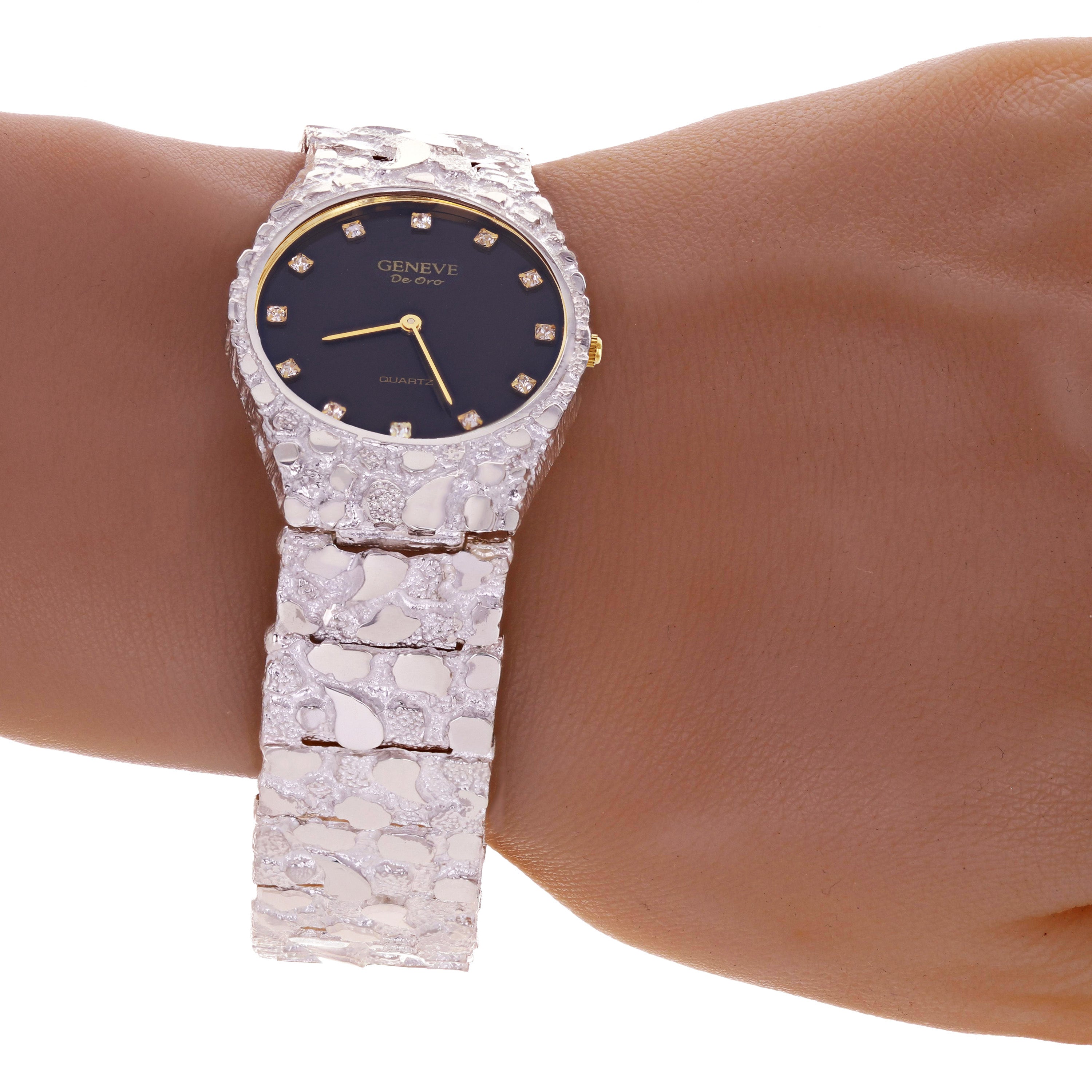 Sterling Silver Nugget Wrist Watch Geneve Diamond Watch 7-7.5" Straight Band 58g - 7" 58 grams
