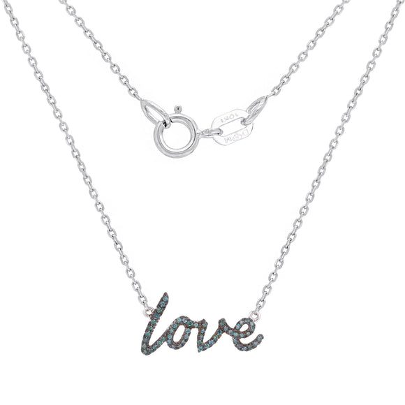 10k White Gold 0.15ctw Blue Diamond LOVE Scrolling Bar Pendant Layering Necklace - Blue