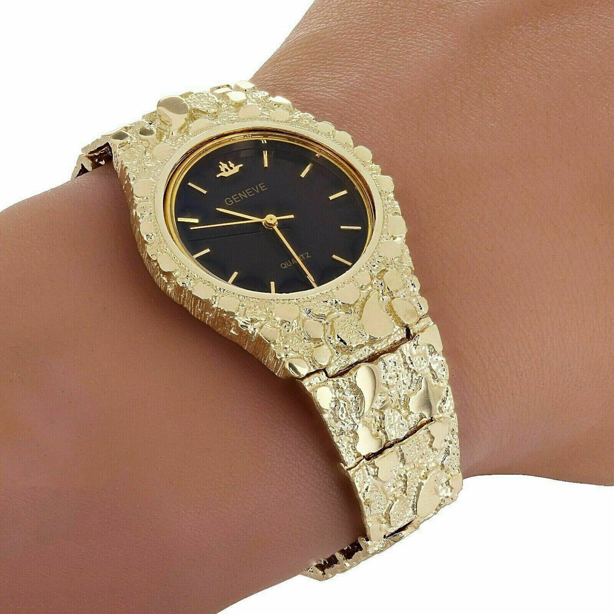 10k Yellow Gold Nugget Link Adjustable Geneve Wrist Watch Direct Source Gold Diamond Direct Source Gold Diamond