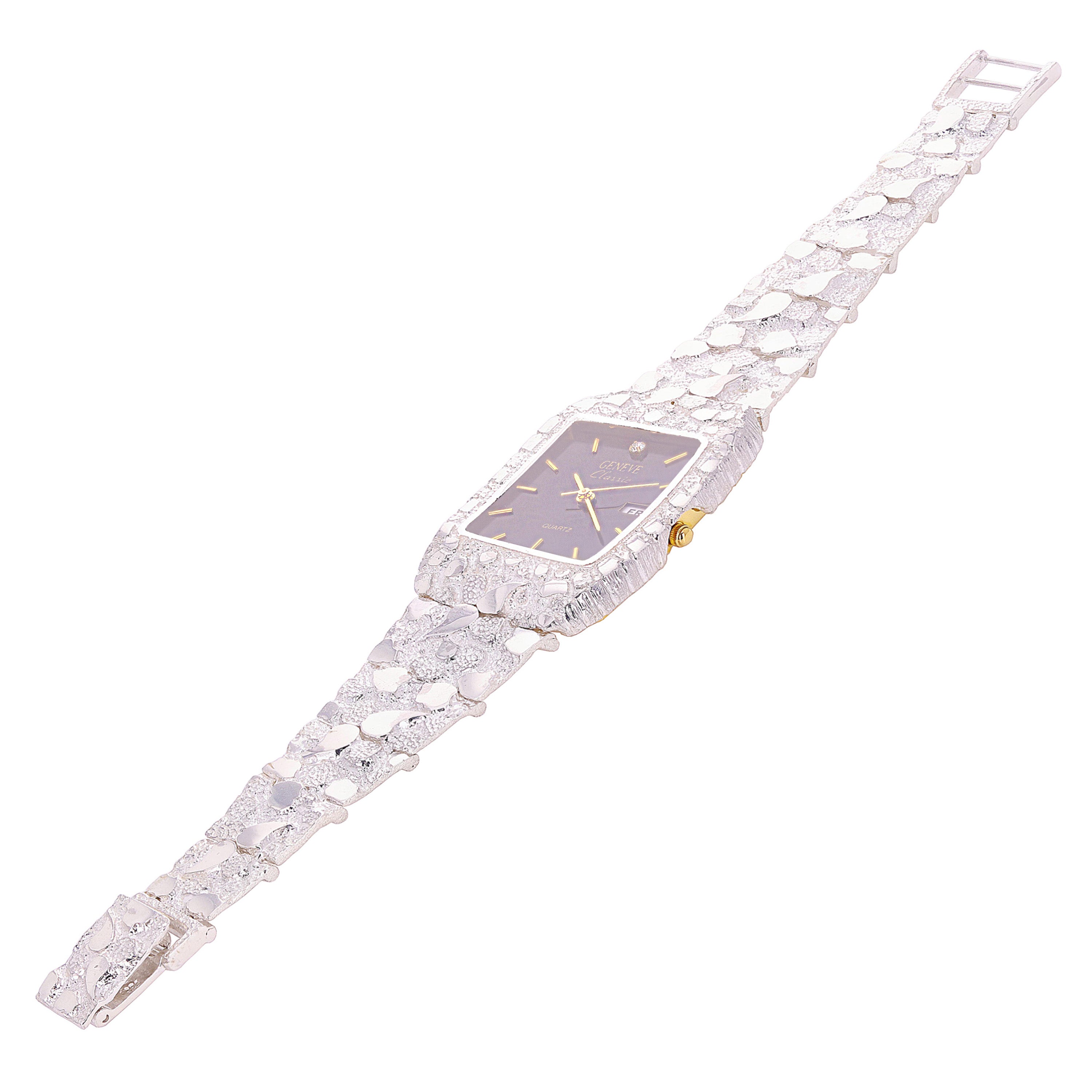 925 Sterling Silver Nugget Link Watch Bracelet Geneve with Diamond 7-7.5" 44g