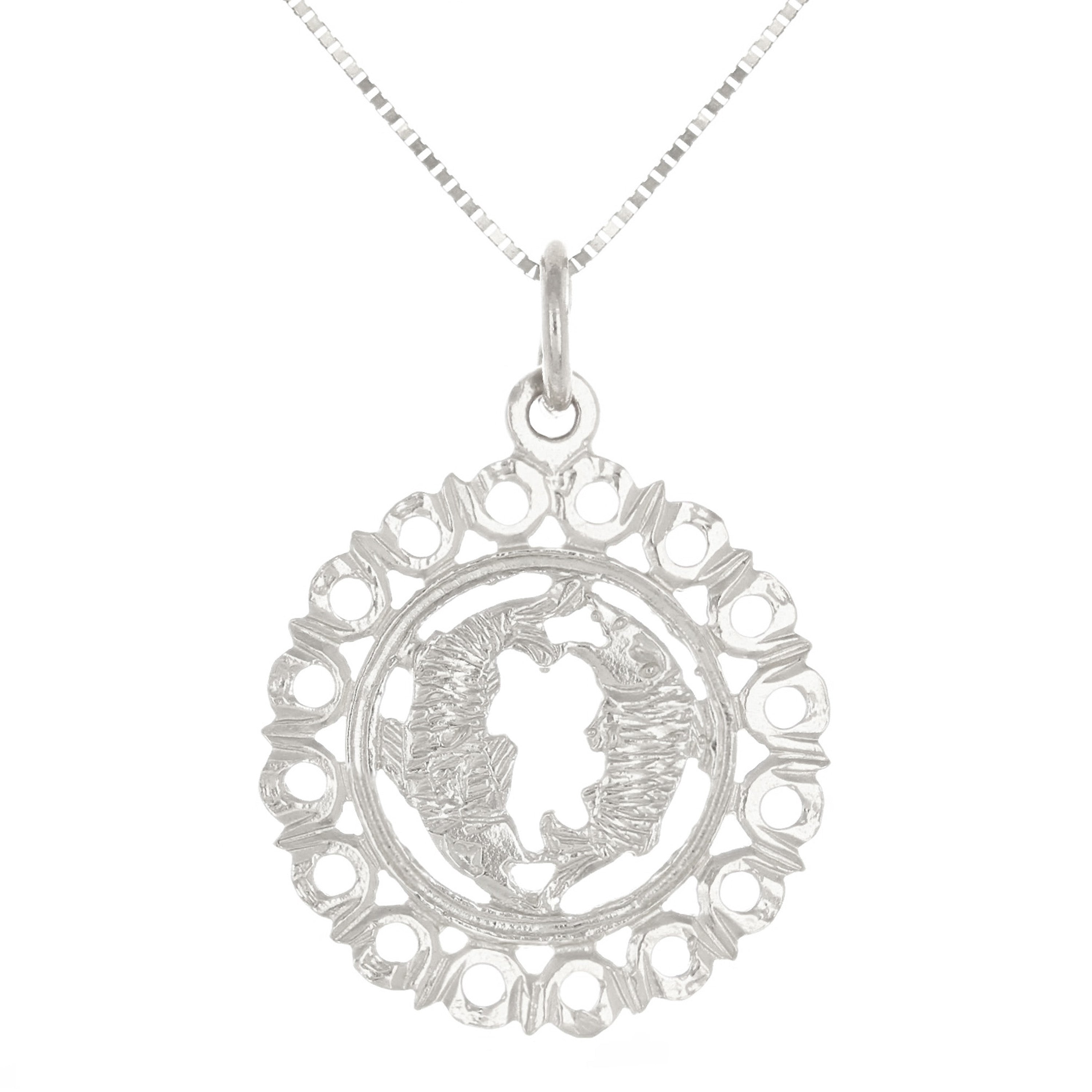 14k White Gold Zodiac Sign Pisces Pendant Necklace 18" - Pisces,White