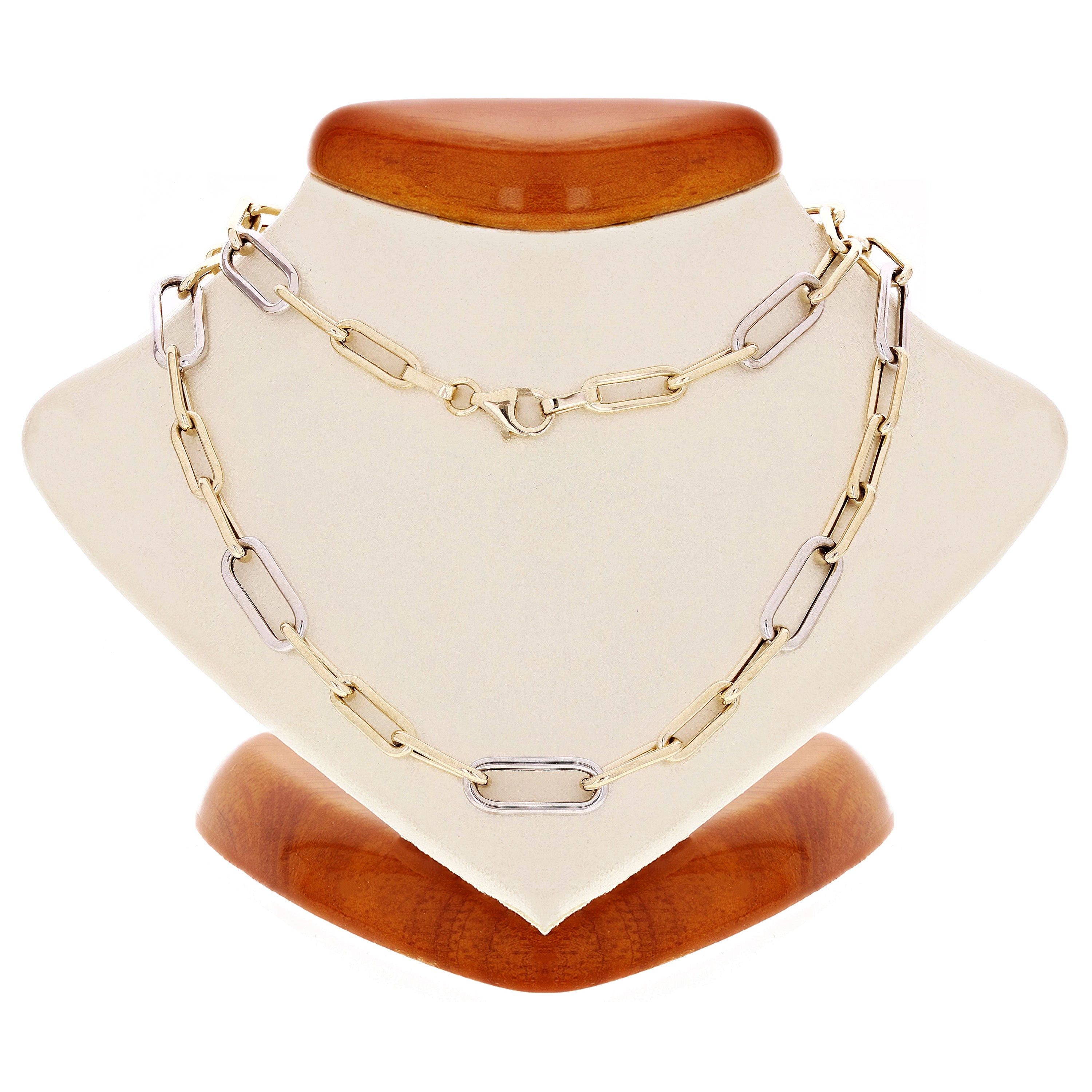 Italian 14k Two Tone Gold Hollow Paper Clip Chain Necklace 18" 4mm & 5.6mm 6.8g - 18"