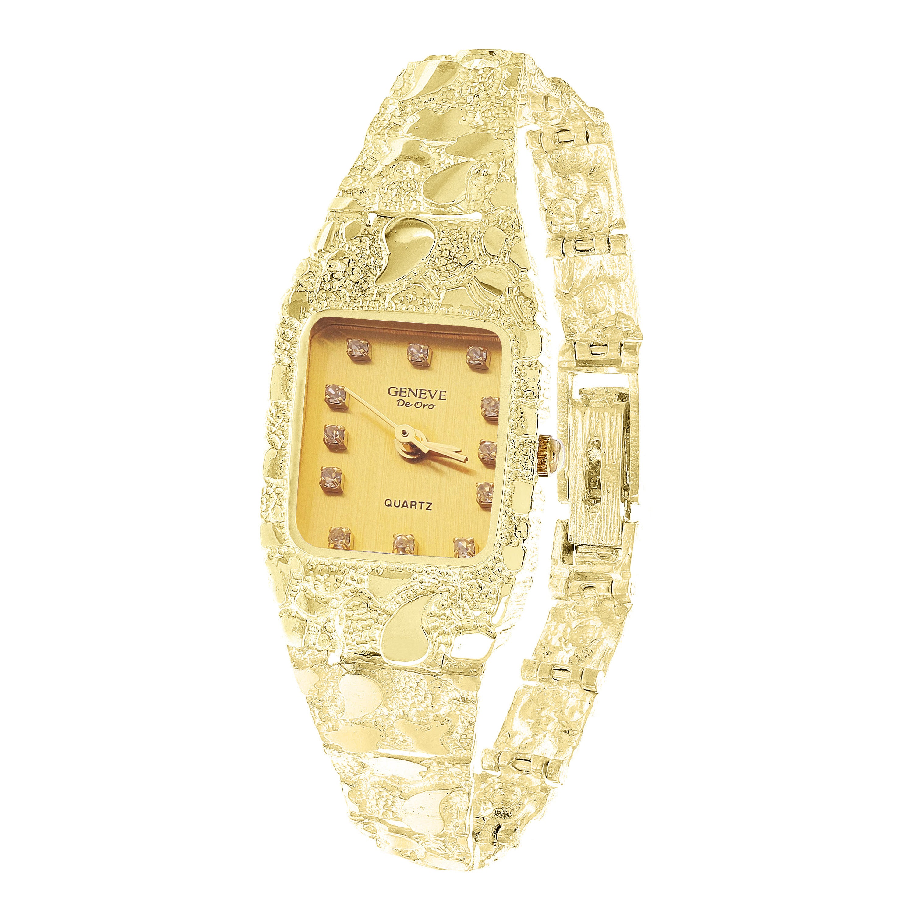 Ladies 10k Yellow Gold Nugget Band Wrist Watch Geneve with Diamonds 8-8.5" 29.5g - 8.5"