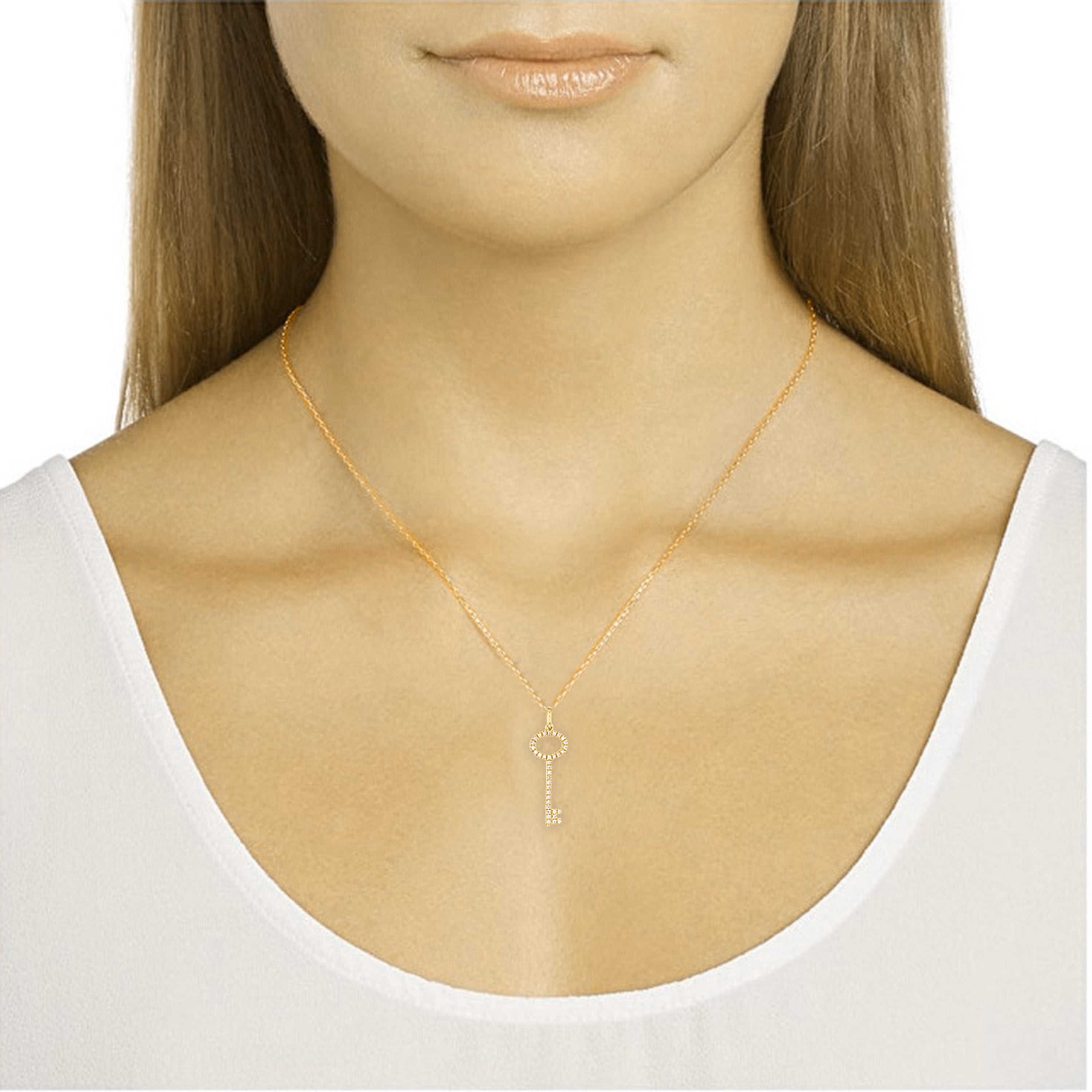14k Yellow Gold Natural Diamond Key Pendant Necklace 18" - Yellow