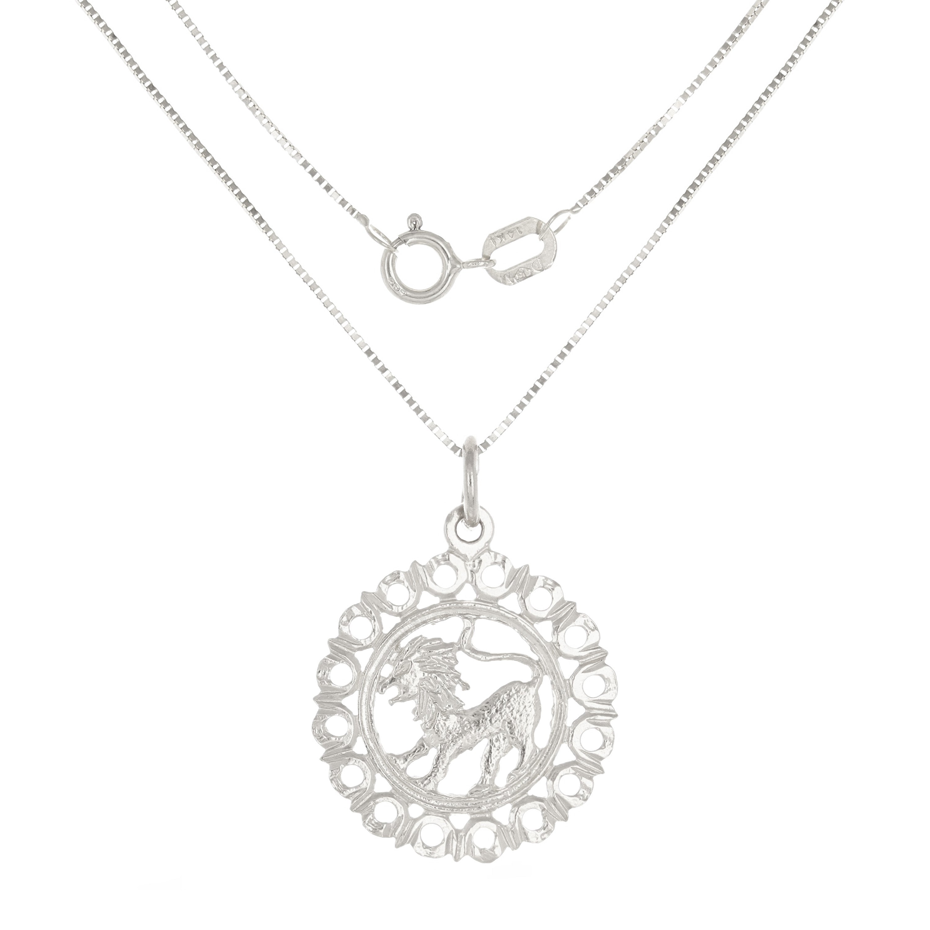 14k White Gold Zodiac Sign Leo Pendant Necklace 18" - Leo,White