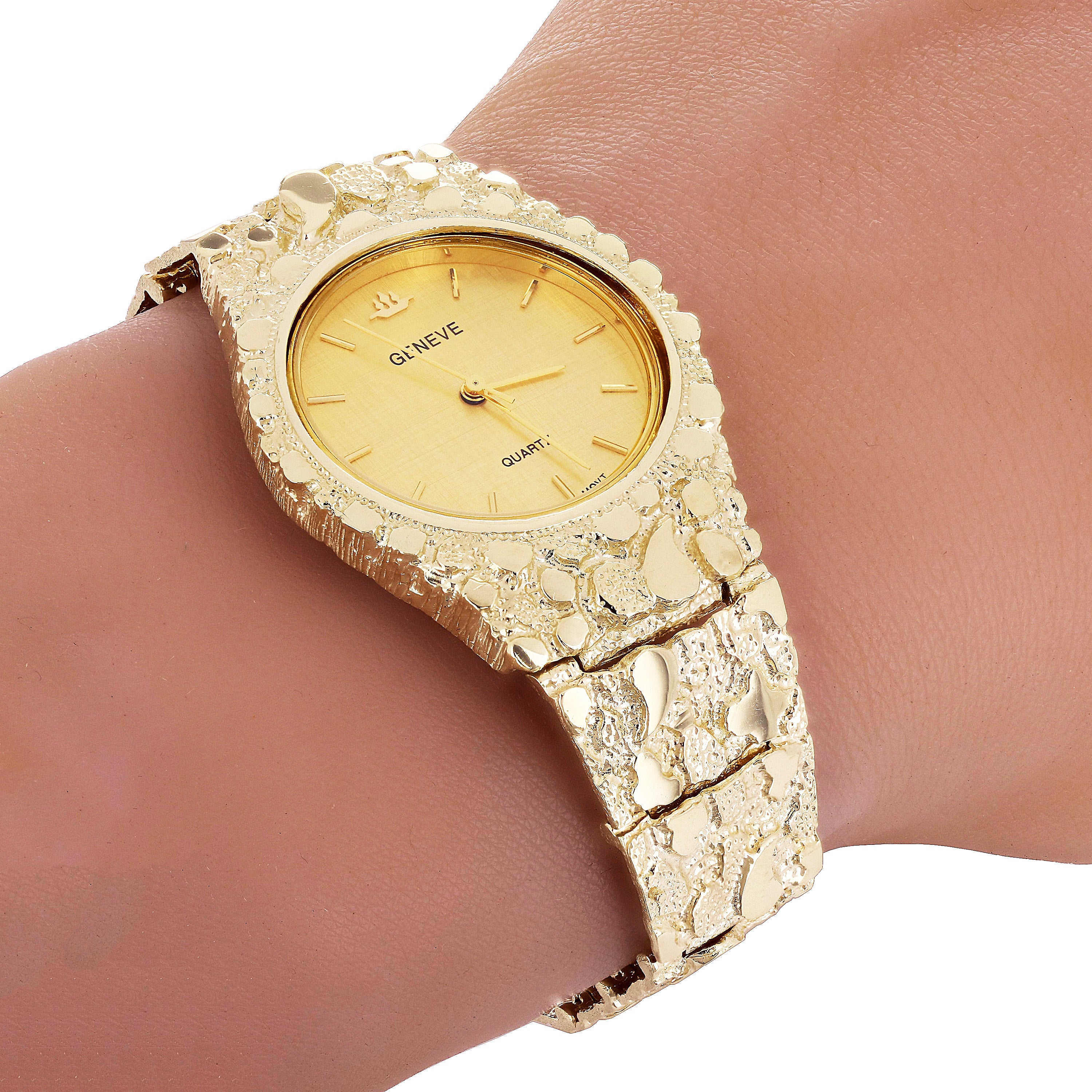 14k Yellow Gold Nugget Link Geneve Wrist Watch Adjustable 7-7.5" 53 grams