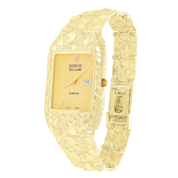 14k Yellow Gold Nugget Link Wrist Watch Bracelet Geneve with Diamond 7