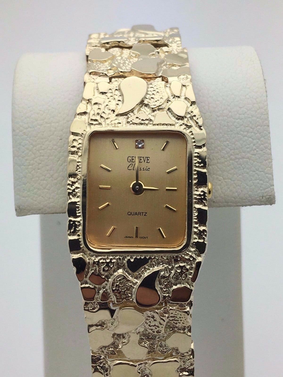 14k Yellow Gold Solid Nugget Wrist Watch Link Bracelet with Geneve Watch 8" 41g