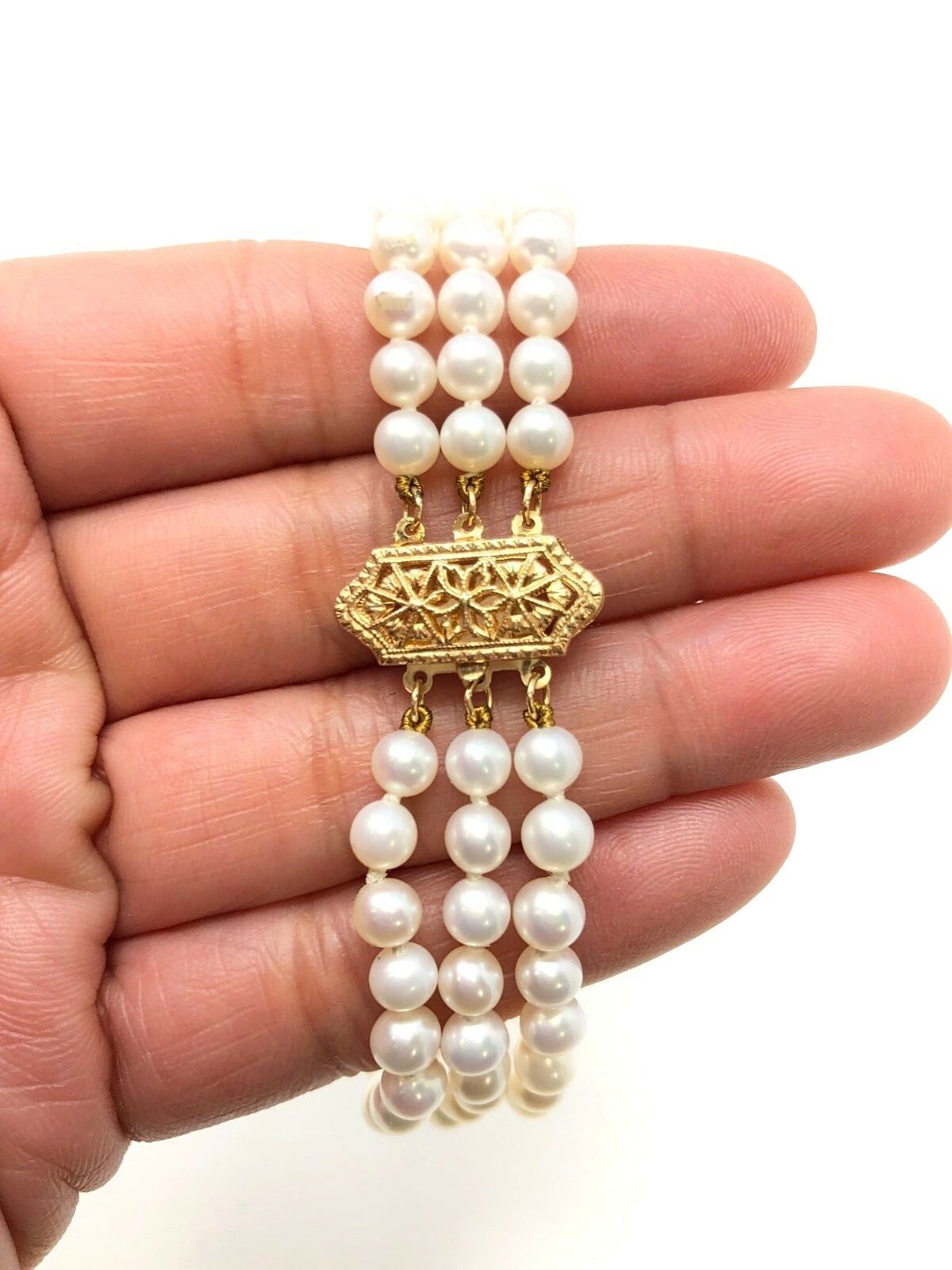 14k Yellow Gold Vintage 3 Row Strands Pearl Bracelet 7.5" 5.25mm