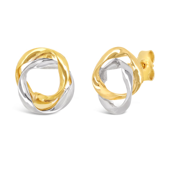 Italian 14k Yellow & White Gold Shiny Mini Twisted Love Knot Stud Earrings - Double Twisted Circles