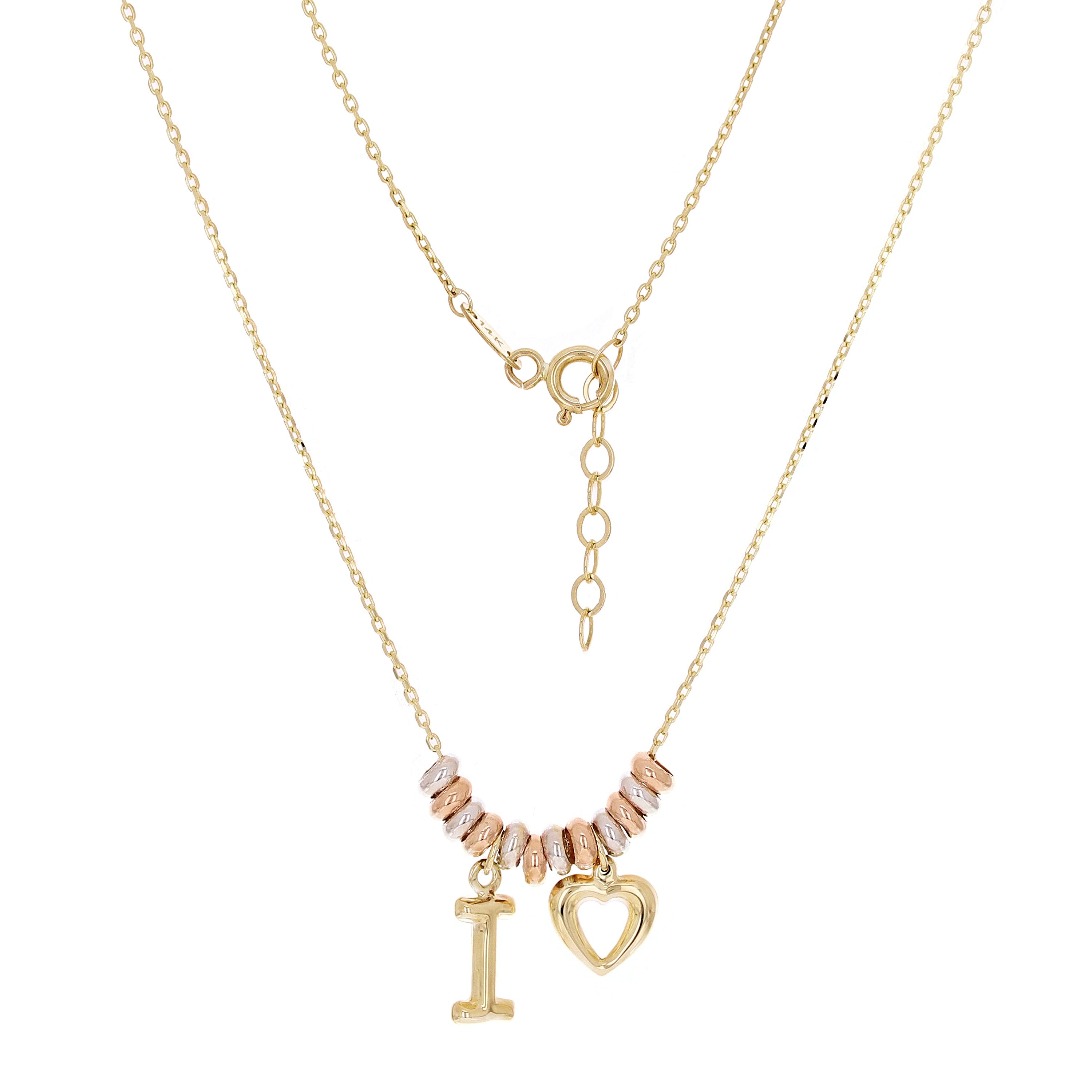Italian 14k Tri Color Gold I Heart Ring Charm Pendant Necklace 17.5" 2.6 grams