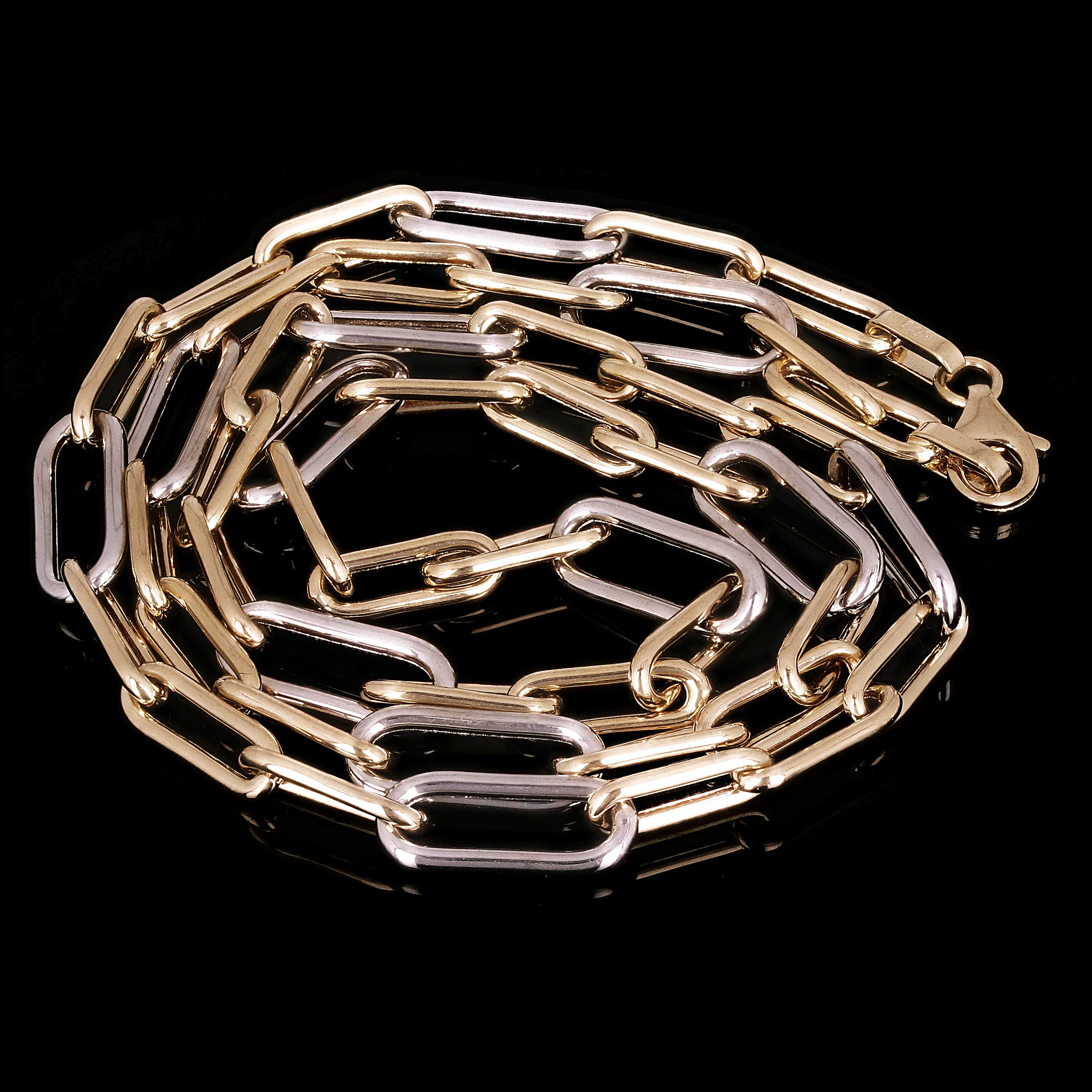 Italian 14k Two Tone Gold Hollow Paper Clip Chain Necklace 18" 4mm & 5.6mm 6.8g - 18"