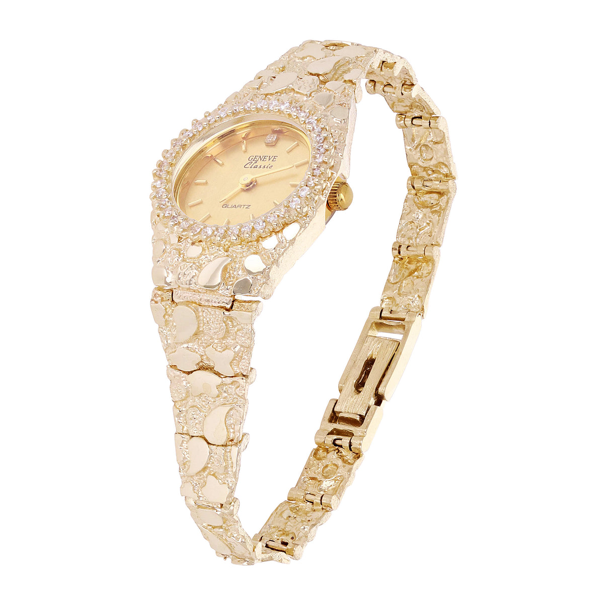 14k Yellow Gold Nugget Link Diamond Bezel Geneve Wrist Watch 6.5