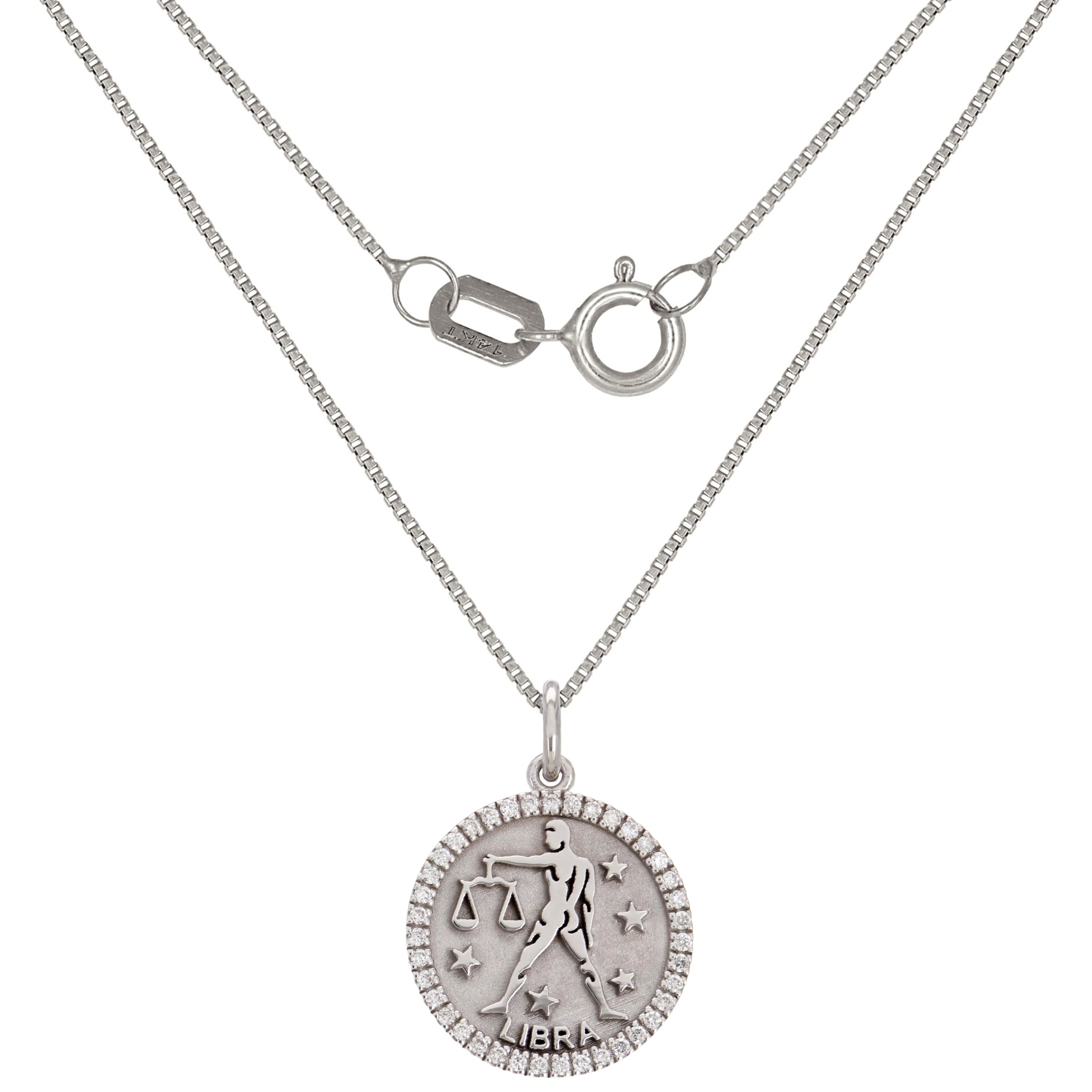 14k White Gold Diamond Zodiac Sign Libra Pendant Necklace 18" - Libra,White