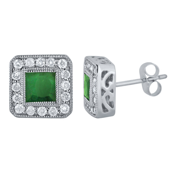 14k White Gold 0.40ctw Emerald & Diamond Vintage Style Square Stud Earrings - Emerald