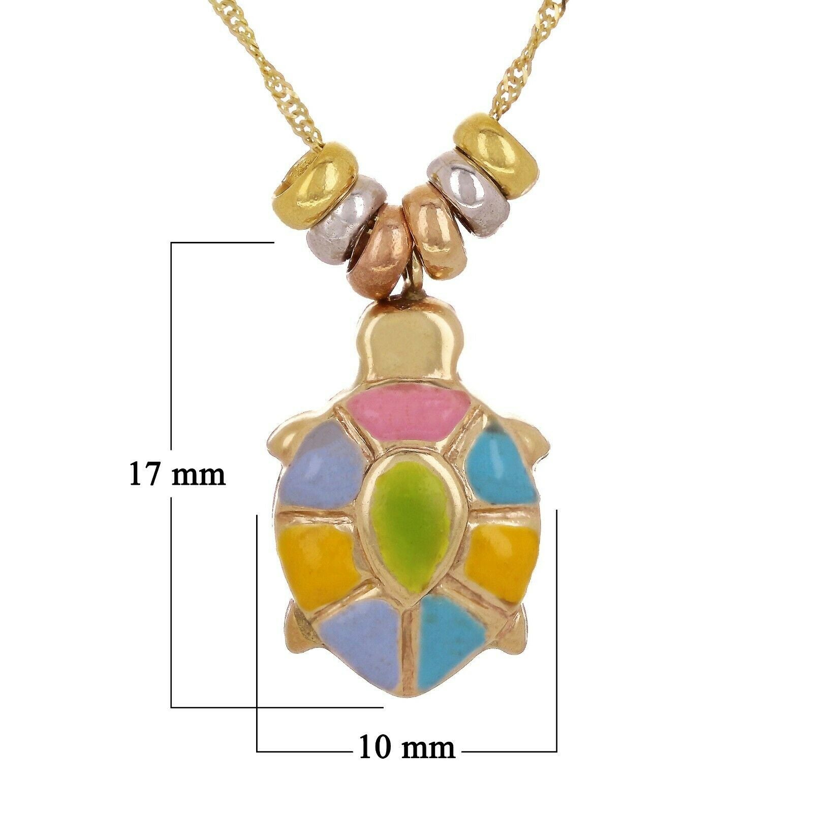 14k Tri Color Gold Enamel Turtle Charm Pendant Singapore Necklace 16"