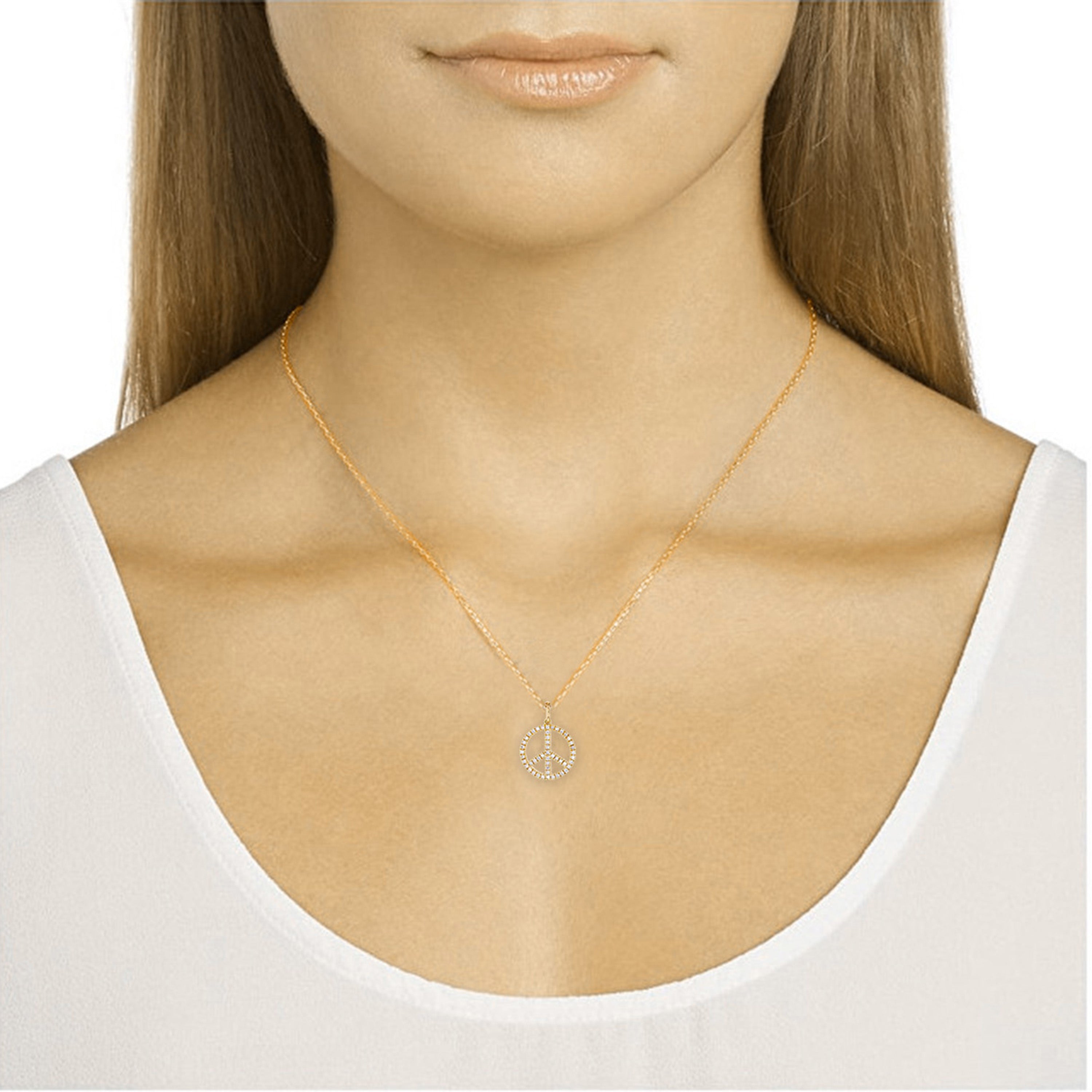 14k Yellow Gold Diamond Peace Sign Pendant Necklace 18" - Yellow