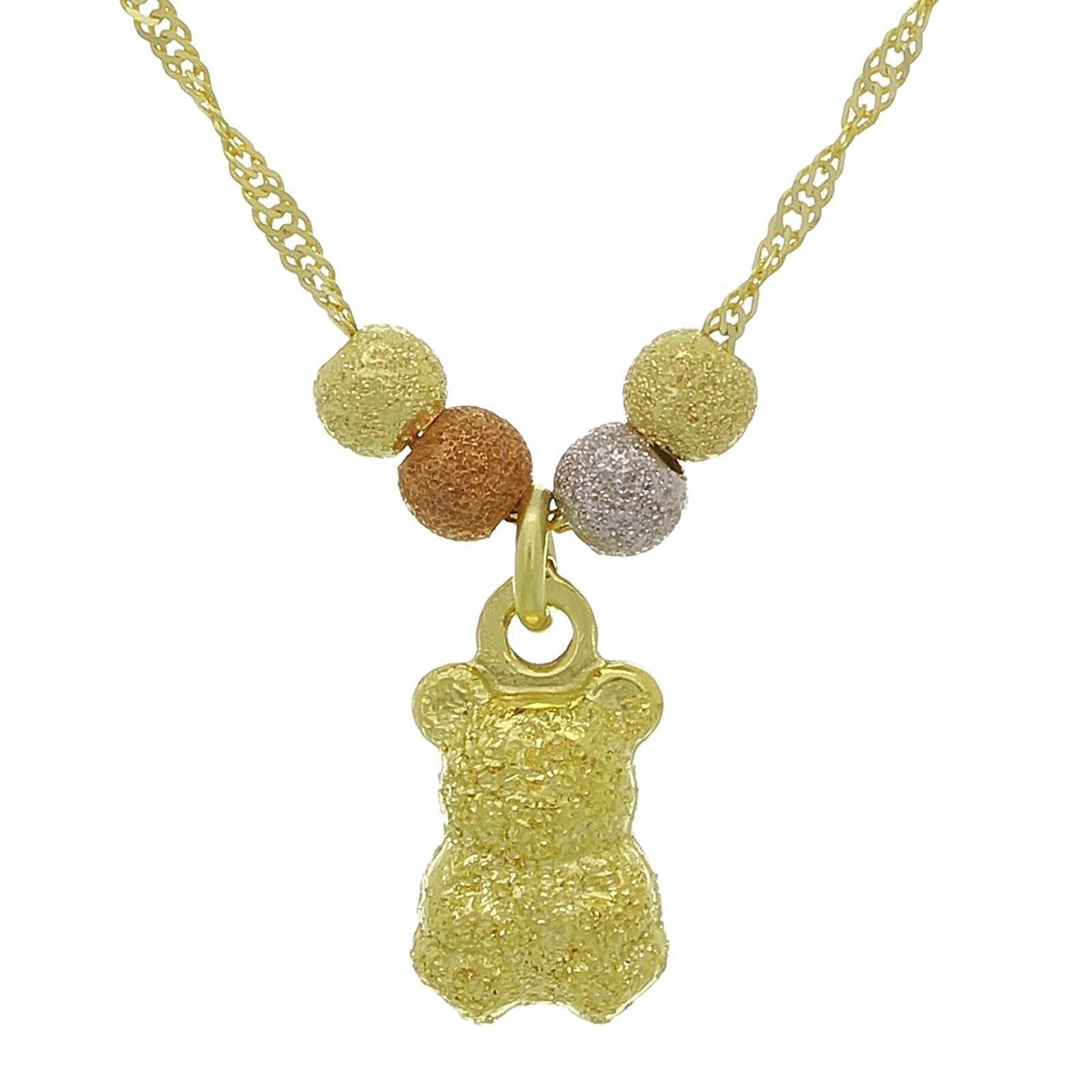 14k Tri Color Gold Ball Beads Teddy Bear Charms Singapore Chain Necklace 17"