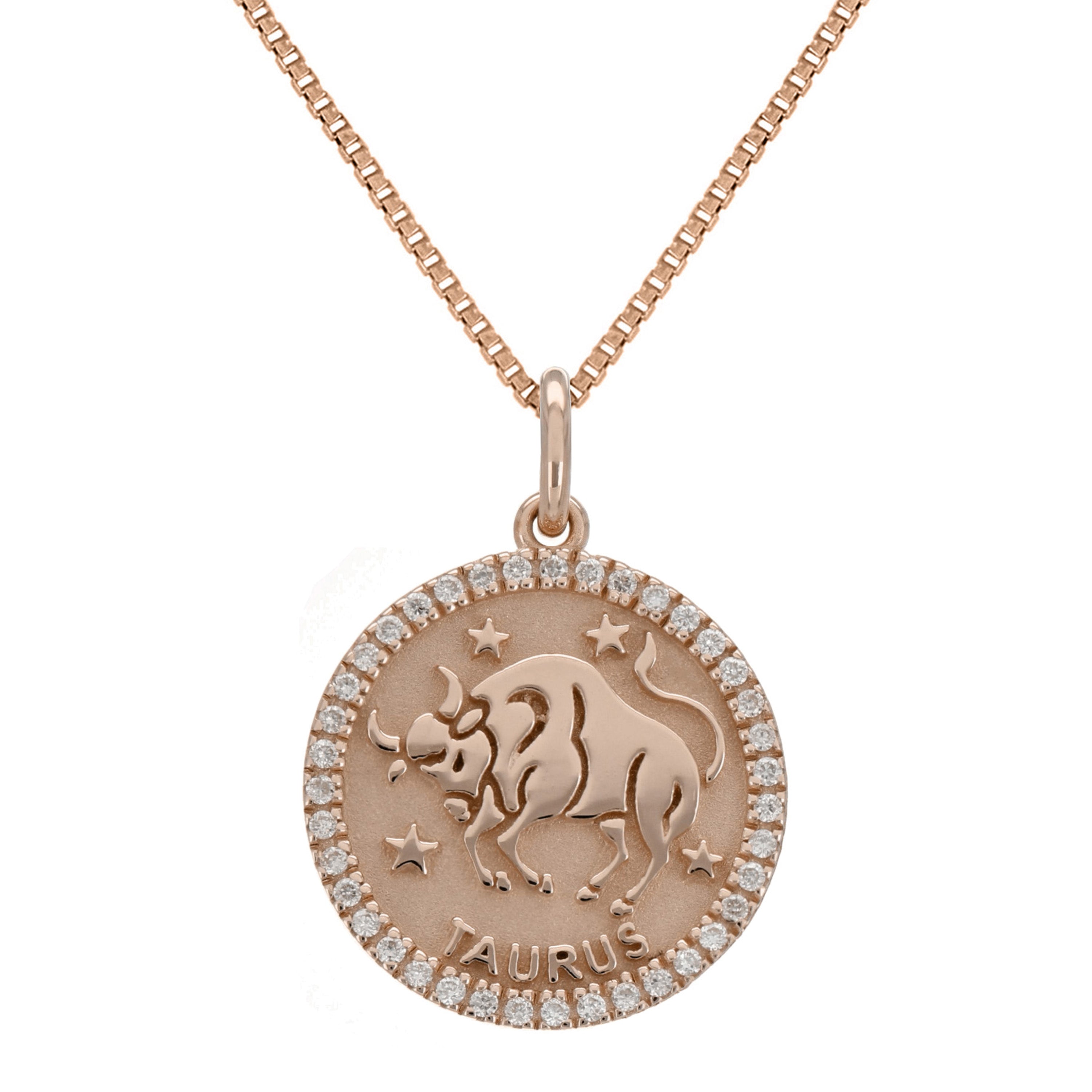 14k Rose Gold  Diamond Zodiac Sign Taurus Pendant Necklace 18" - Taurus,Rose