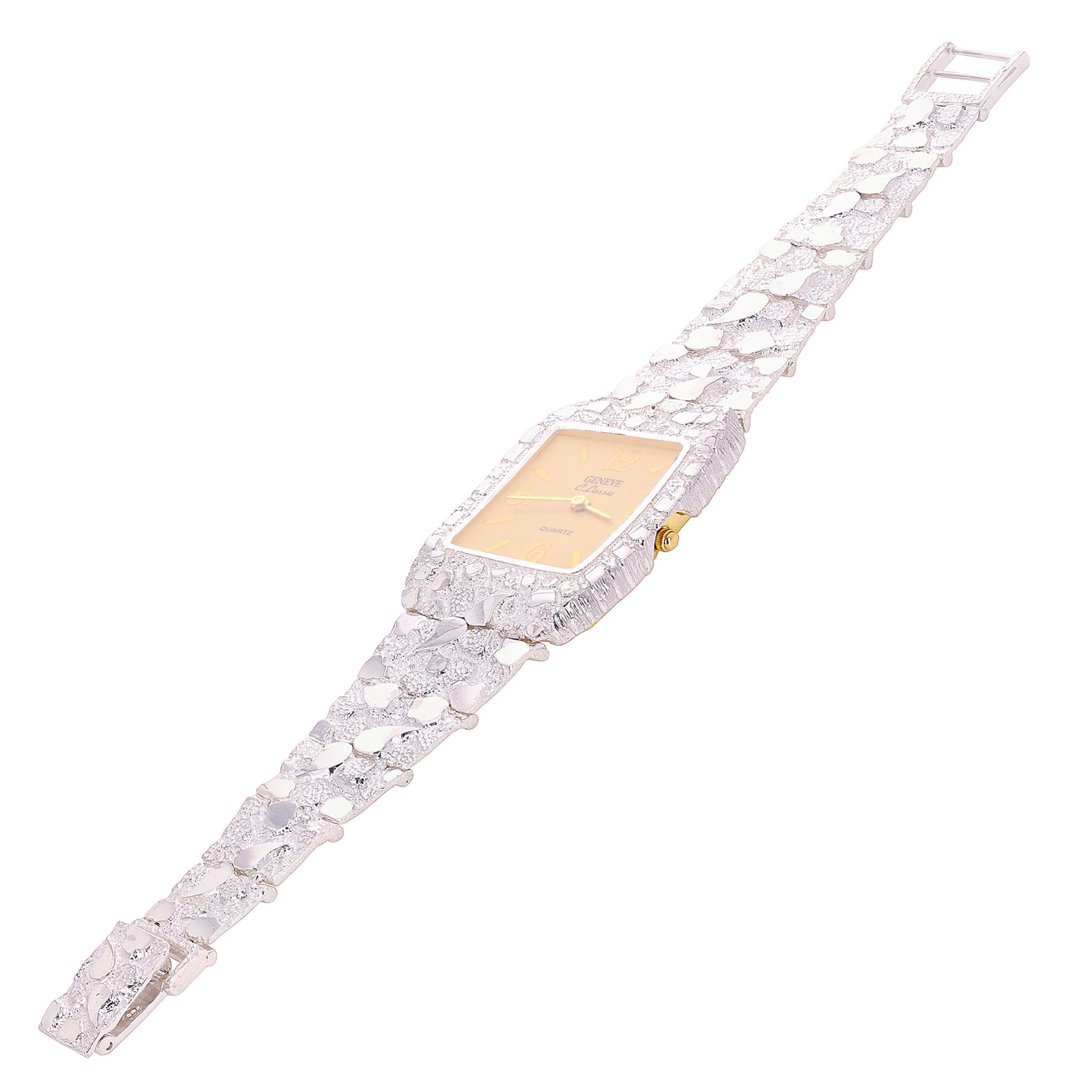 925 Sterling Silver Nugget Link Wrist Watch Geneve Bracelet 7-7.5" 44 grams