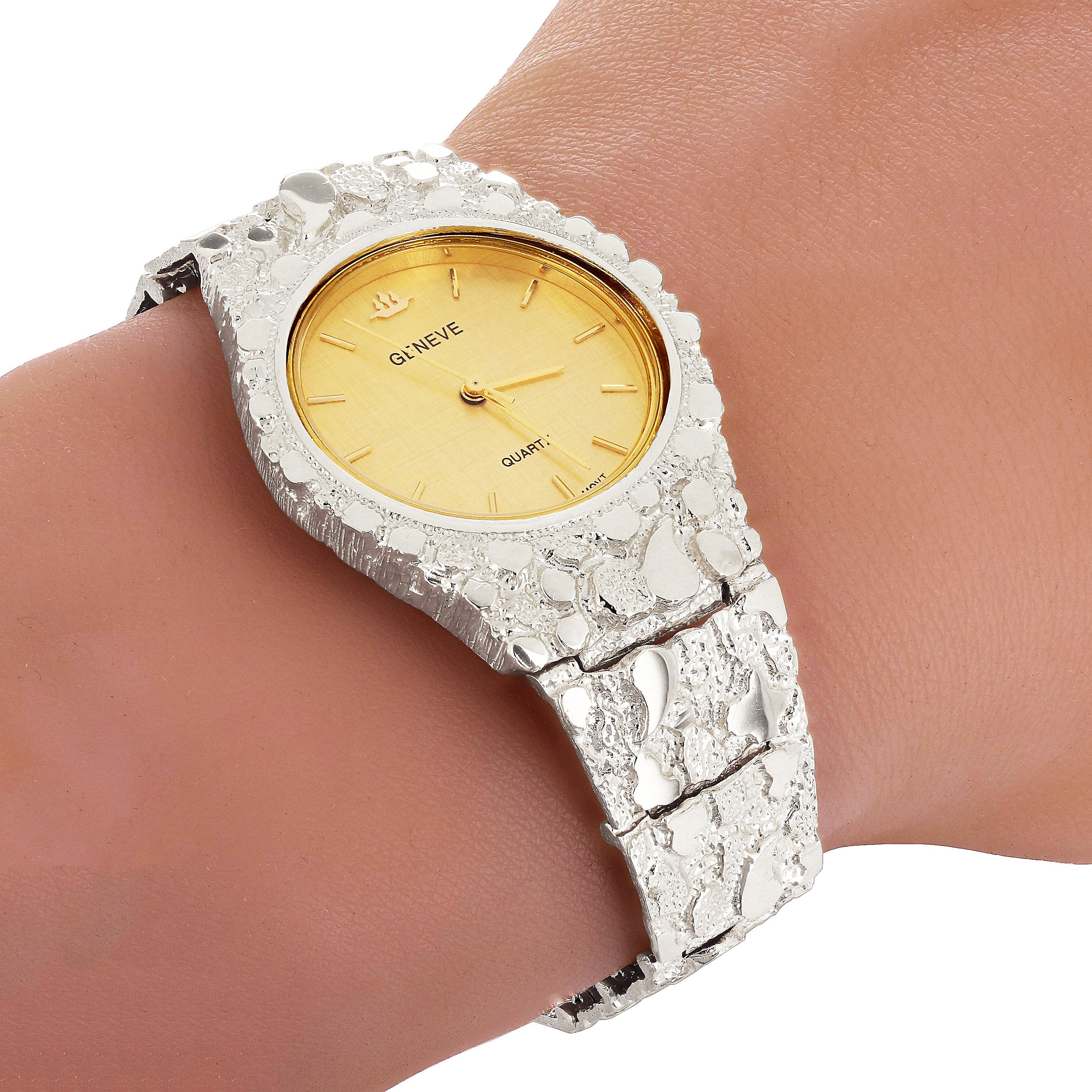 925 Sterling Silver Nugget Wrist Watch with Geneve Watch 7" Graduated Band 42g