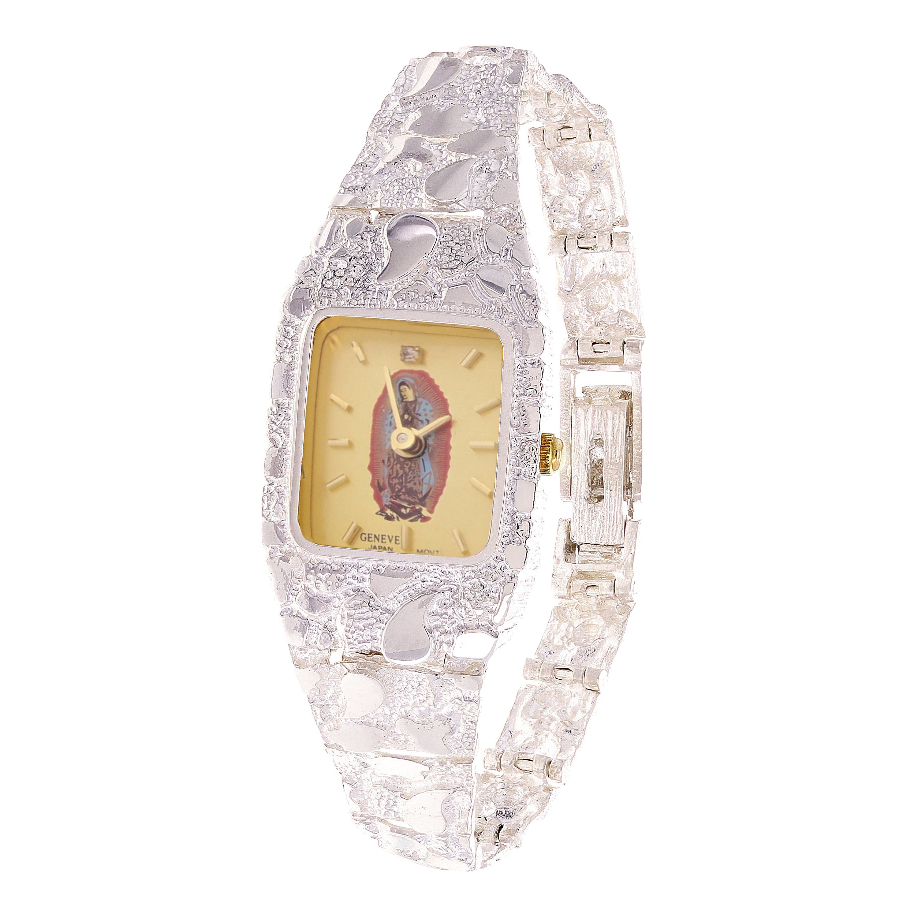 Sterling Silver Nugget Link Wrist Watch Guadalupe Geneve Diamond 6.5-7" 24.7g
