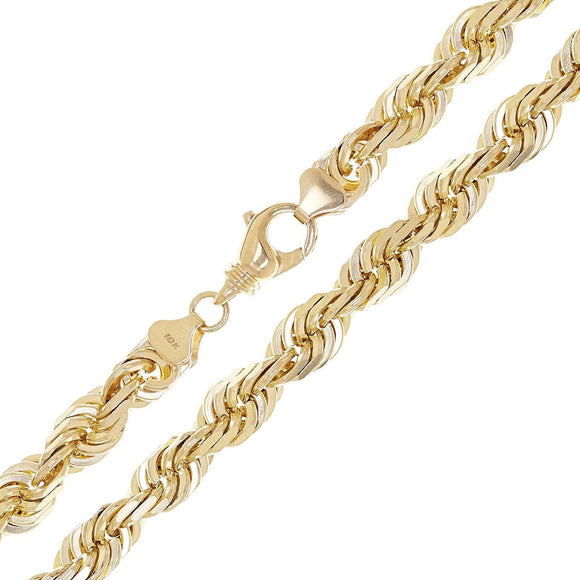 Close-up of solid yellow gold diamond cut rope chain necklace by Direct Source Gold & Diamond.