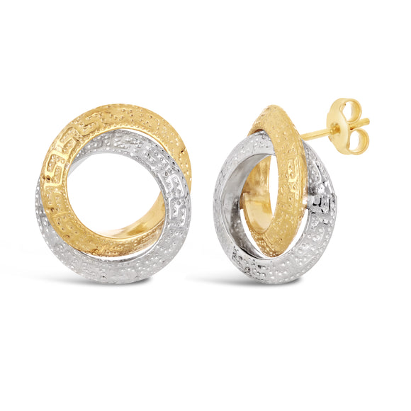 Italian 14k Yellow & White Gold Greek Key Double Eternity Circle Knot Earrings