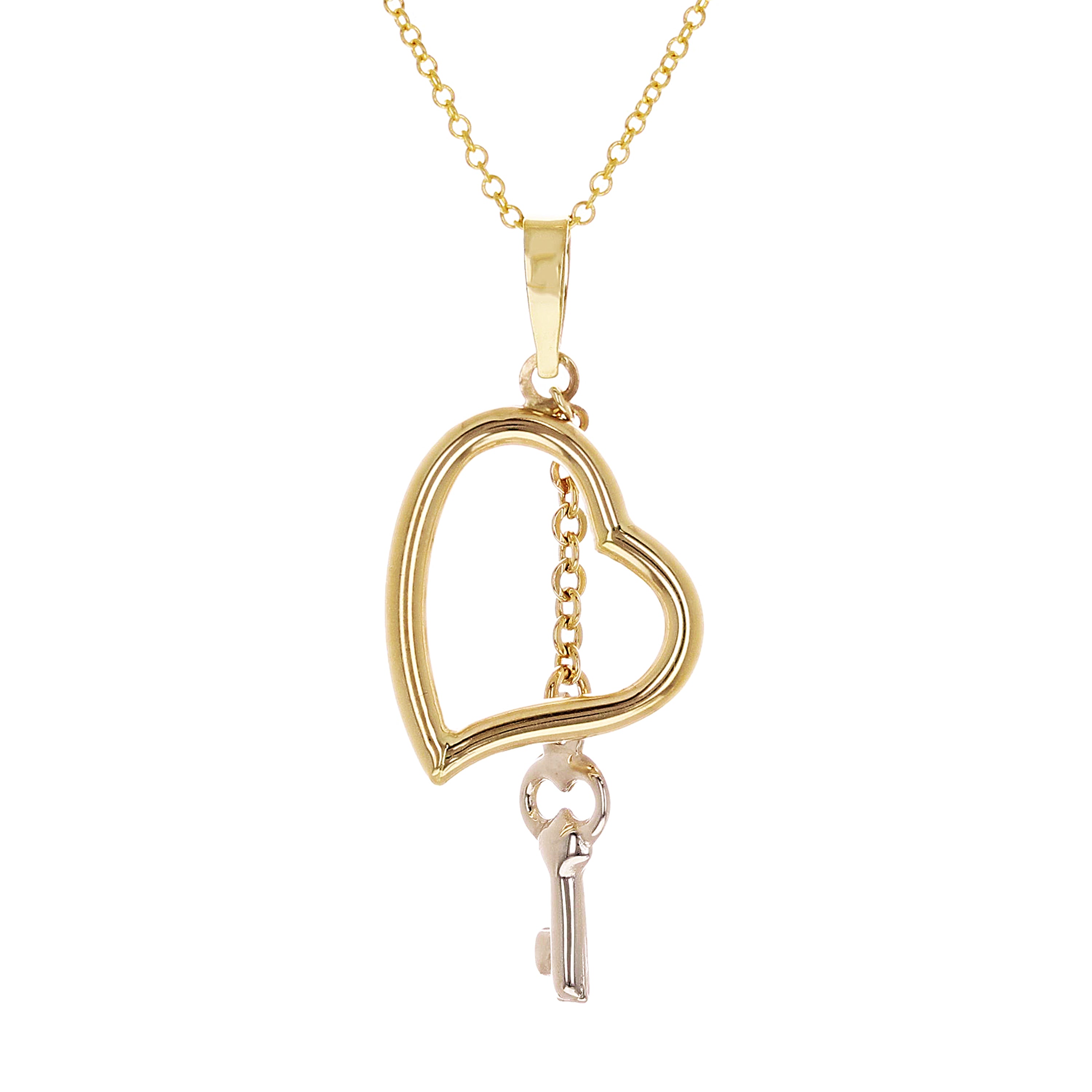 14k Yellow & White Gold Dangle Heart & Key Charm Pendant Necklace 18" Rolo 2.3g