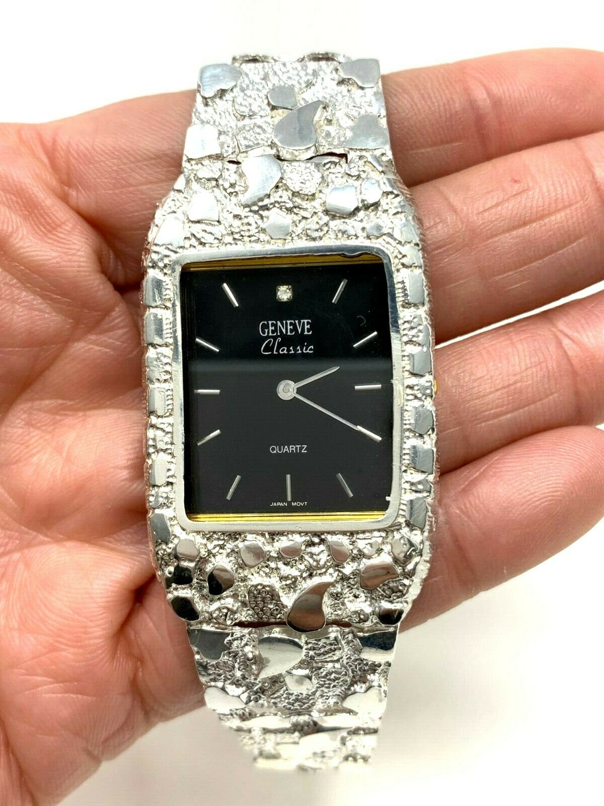 925 Sterling Silver Nugget Link Watch Bracelet Geneve with Diamond 7-7.5" 44g