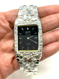 925 Sterling Silver Nugget Link Watch Bracelet Geneve with Diamond 7-7.5" 44g