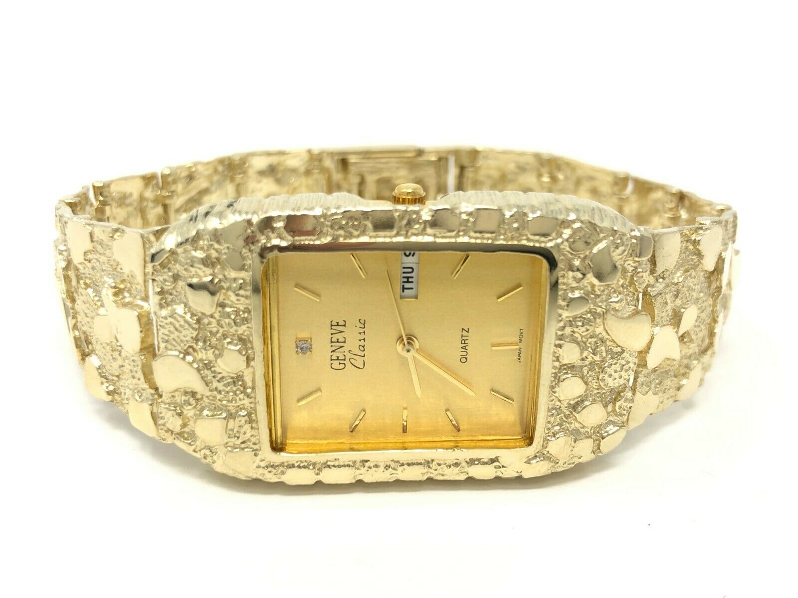 10k Yellow Gold Nugget Wrist Watch Bracelet Link Geneve with diamond 8-8.5" 52g