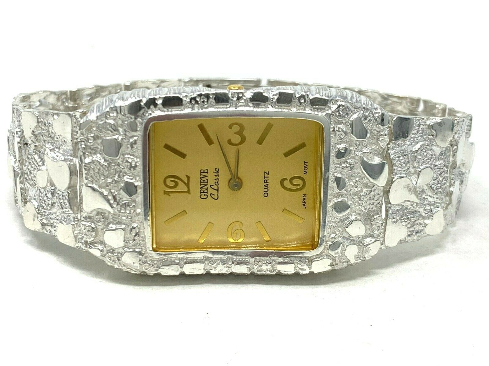 925 Sterling Silver Nugget Link Wrist Watch Geneve Bracelet 7-7.5" 44 grams
