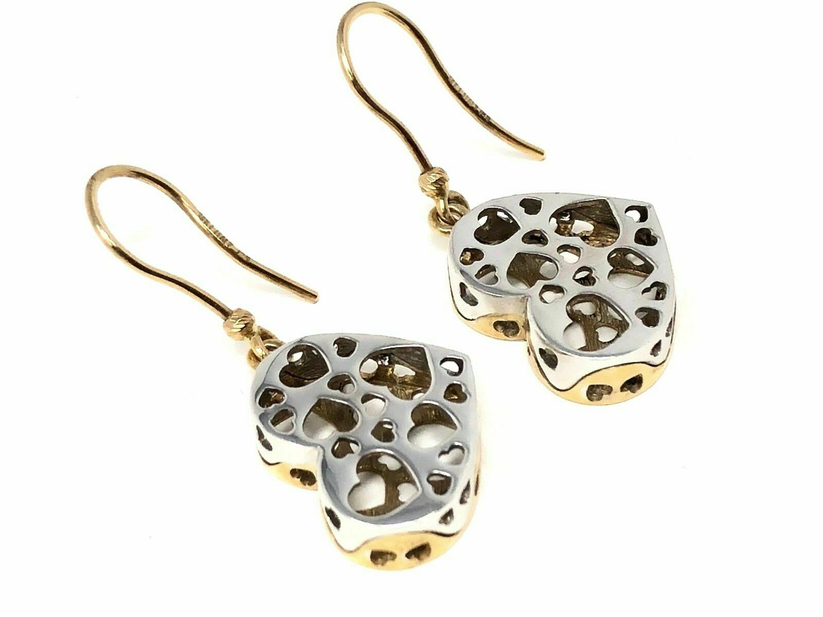 "Italian 14k Two Tone Gold Heart Dangling Earrings 1.4"" 5.6 grams"