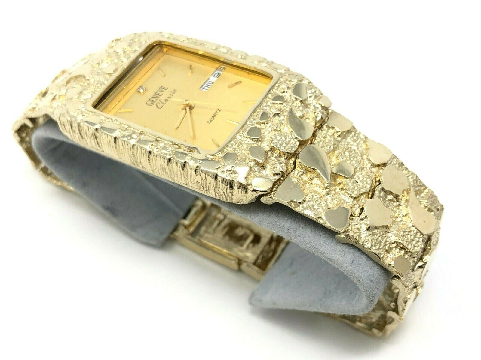 10k Yellow Gold Nugget Wrist Watch Bracelet Link Geneve with diamond 8-8.5" 52g