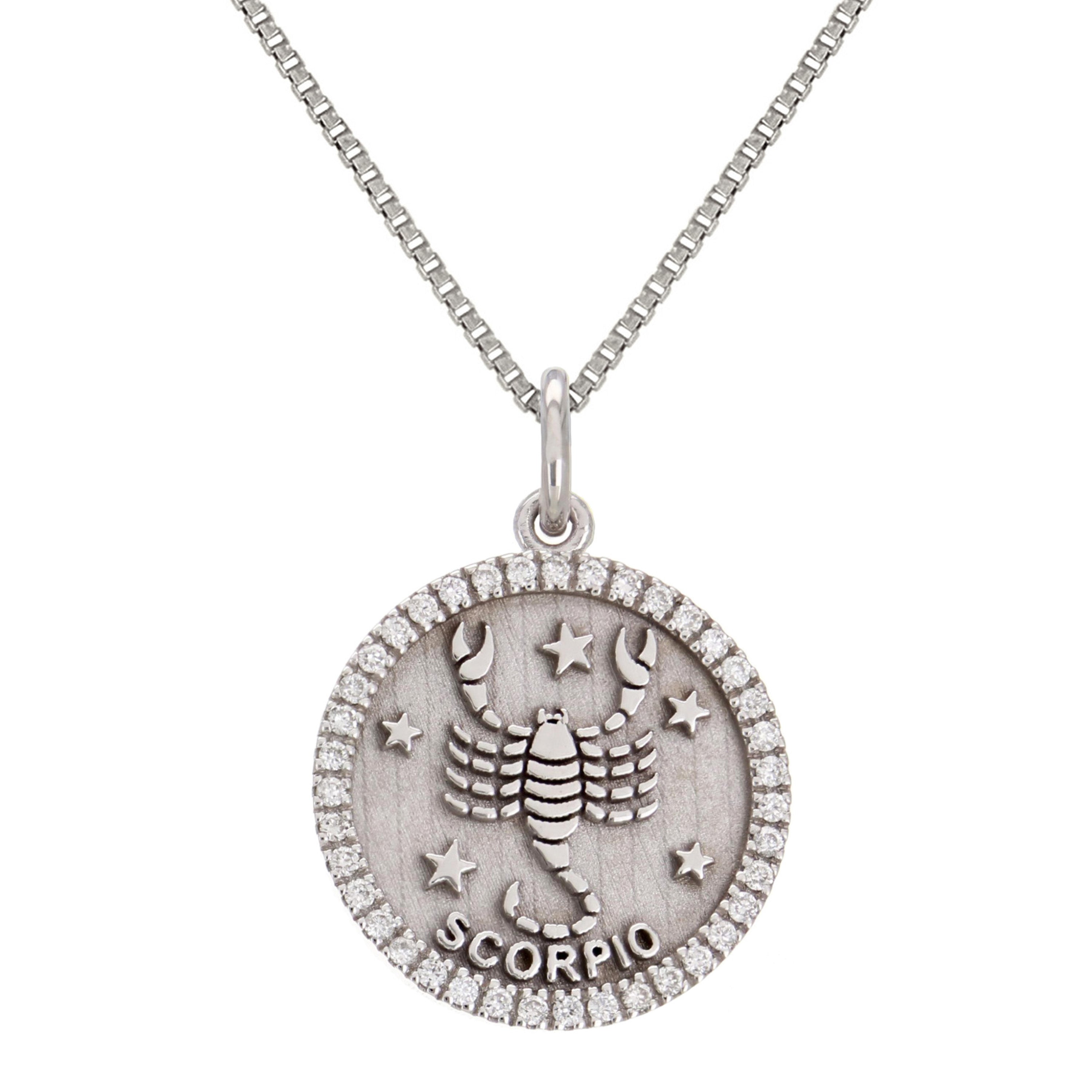 14k White Gold Diamond Zodiac Sign Scorpio Pendant Necklace 18" - Scorpio,White