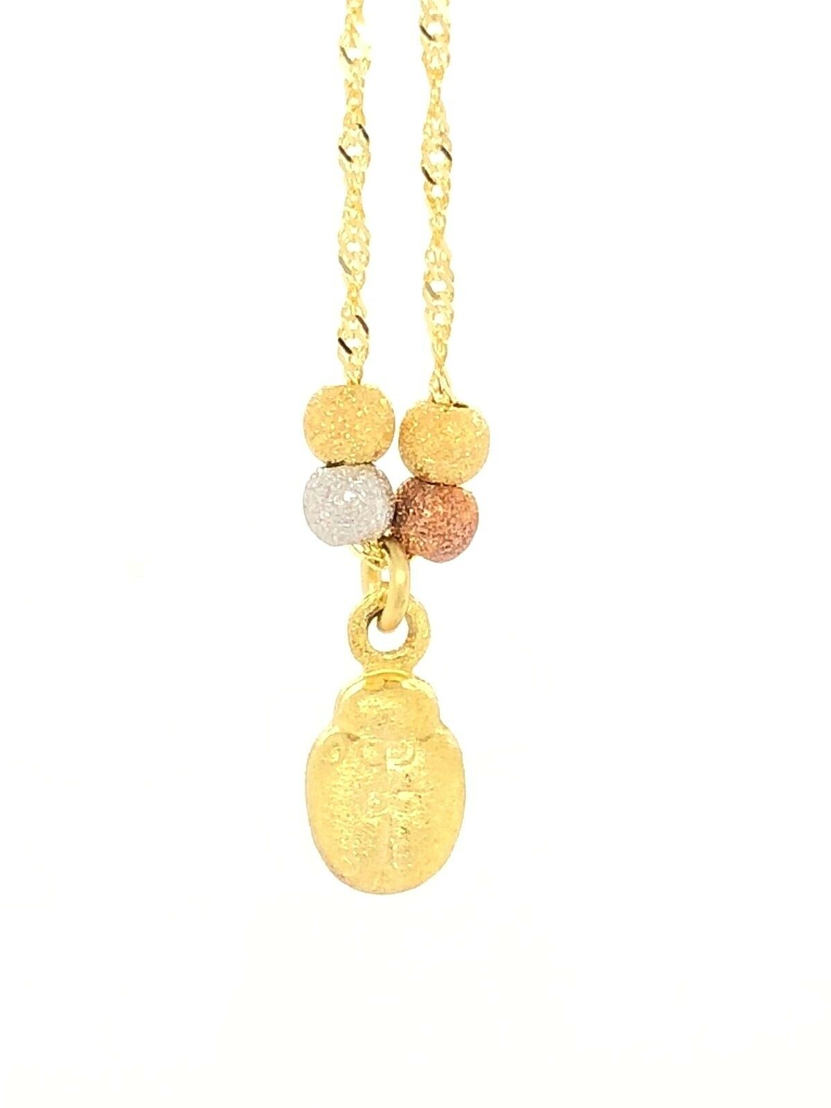 14k Tri Color Gold Ball Beads & Lady Bug Charm Pendant w/ 17" Singapore Necklace