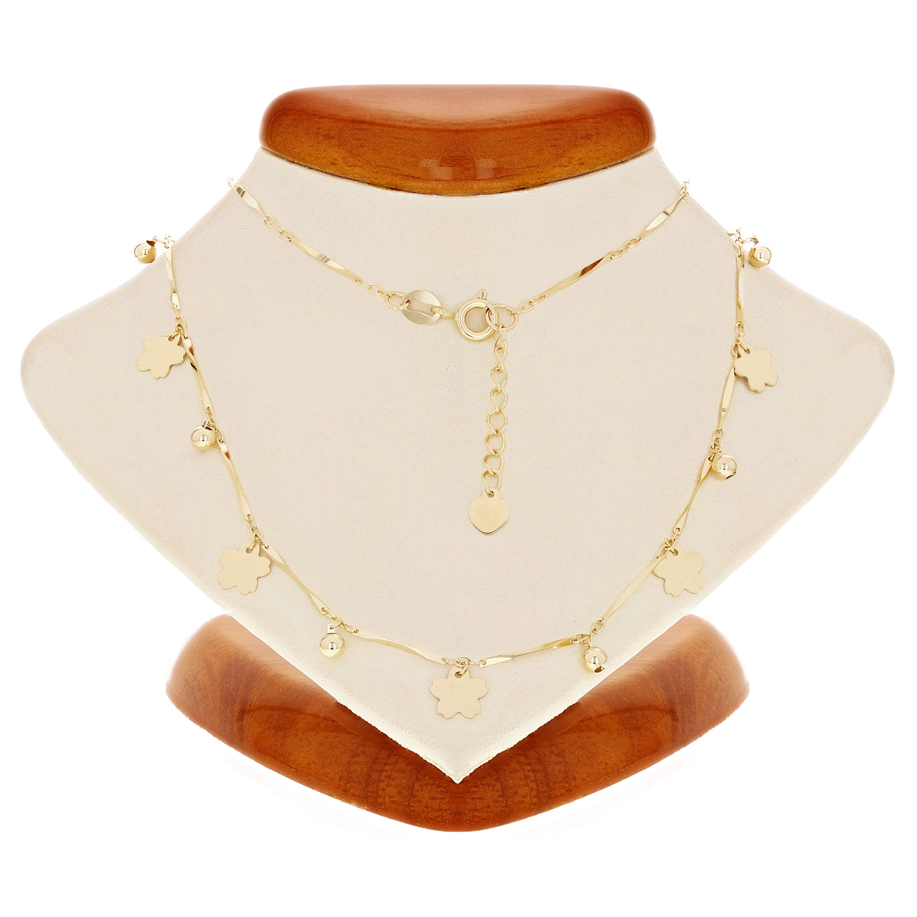 Italian 14k Yellow Gold Diamond Cut Bar Ball Bead & Flower Necklace 16.5" 3.1g