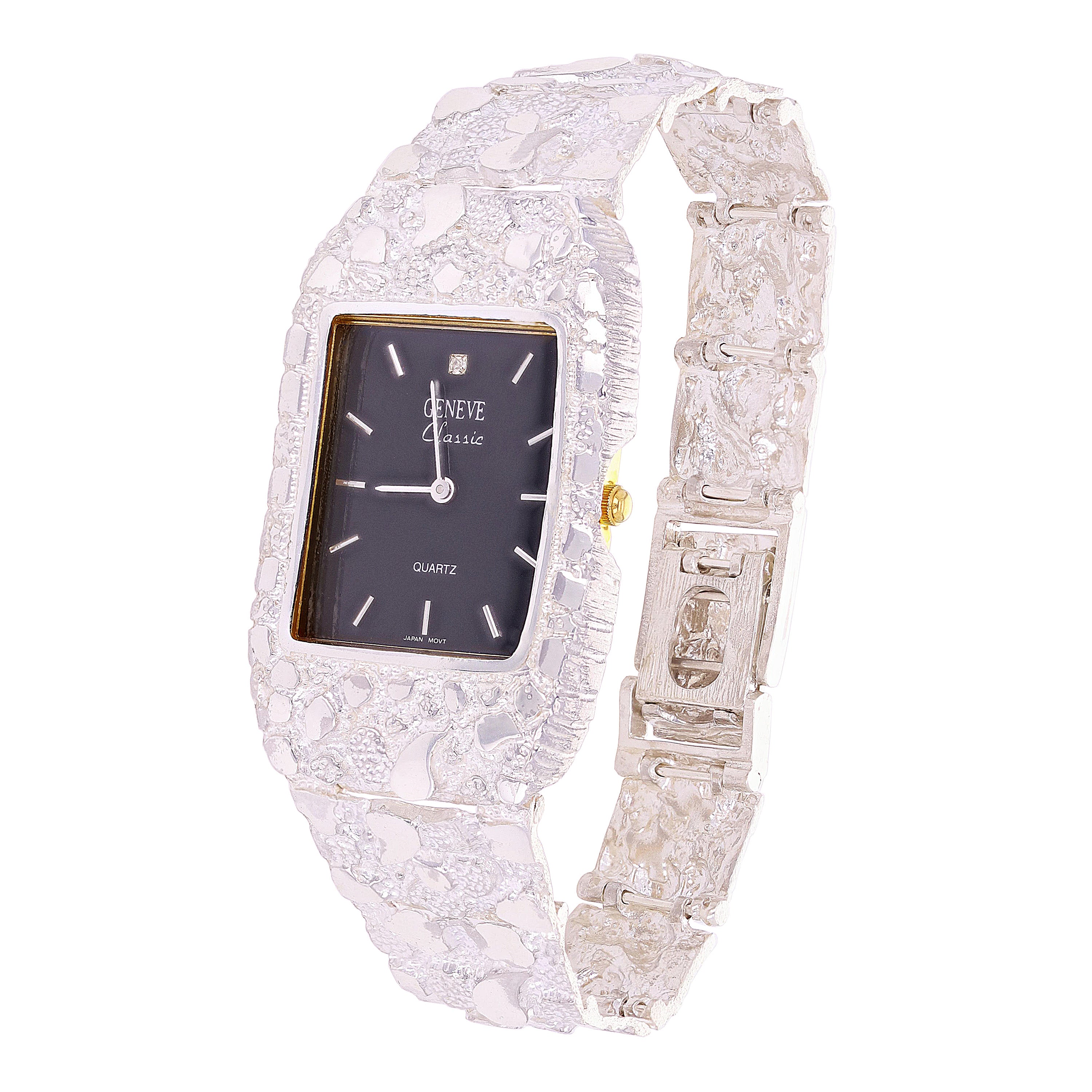 925 Sterling Silver Nugget Link Watch Bracelet Geneve with Diamond 7-7.5" 44g