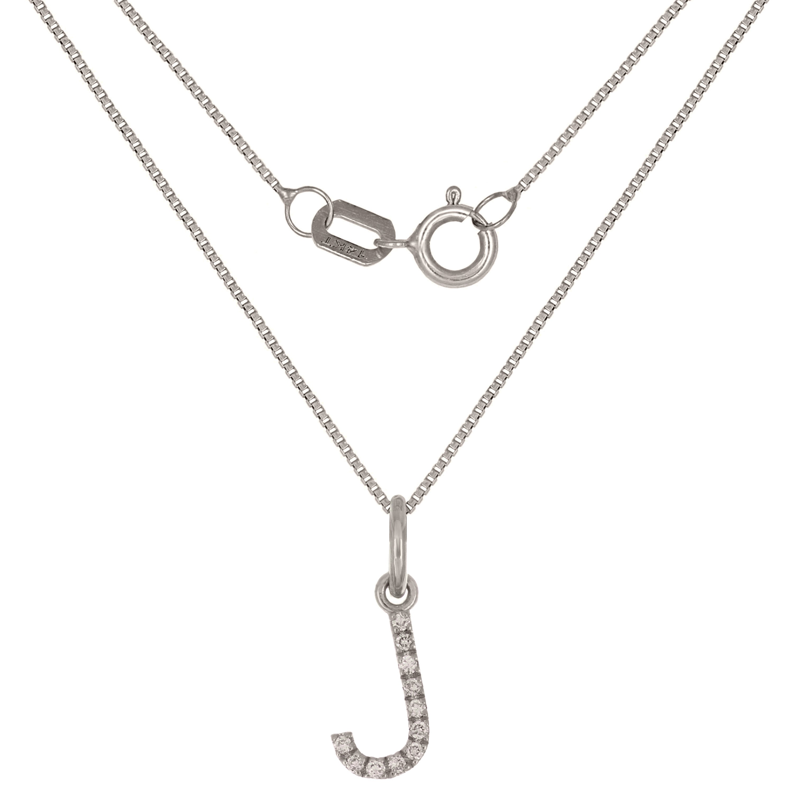 14k White Gold Diamond Initial Letter J Charm Pendant Necklace 18" - Letter J,White