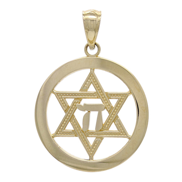 14k Yellow Gold Round Jewish Star Of David & Hebrew Chai Charm Pendant 2.2 grams - Yellow